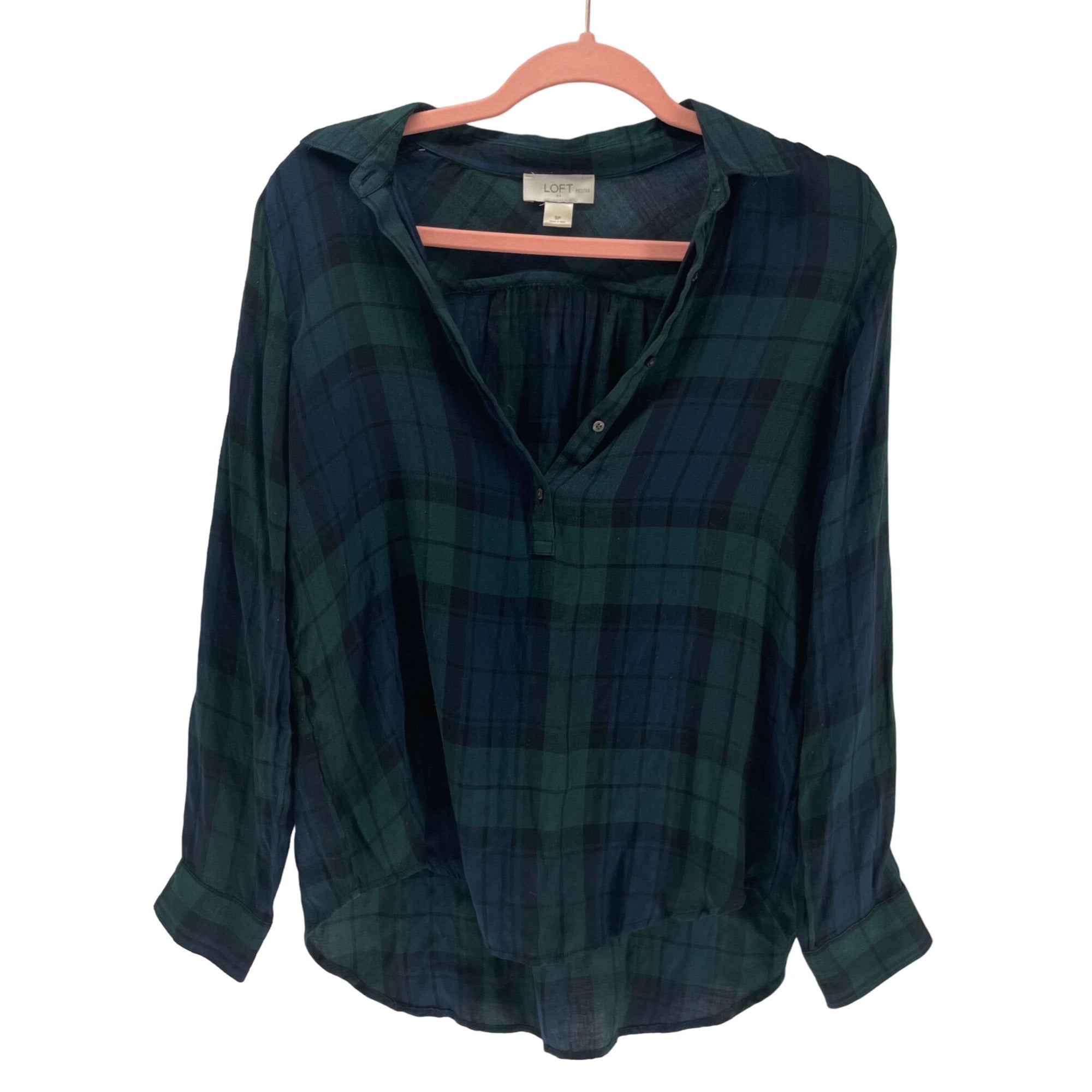 LOFT Women’s SP Navy and Forest Green Plaid Button-Down Top