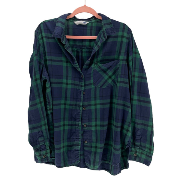 Old Navy Women’s XL Flannel Plaid Navy & Forest Green Button-Down Top