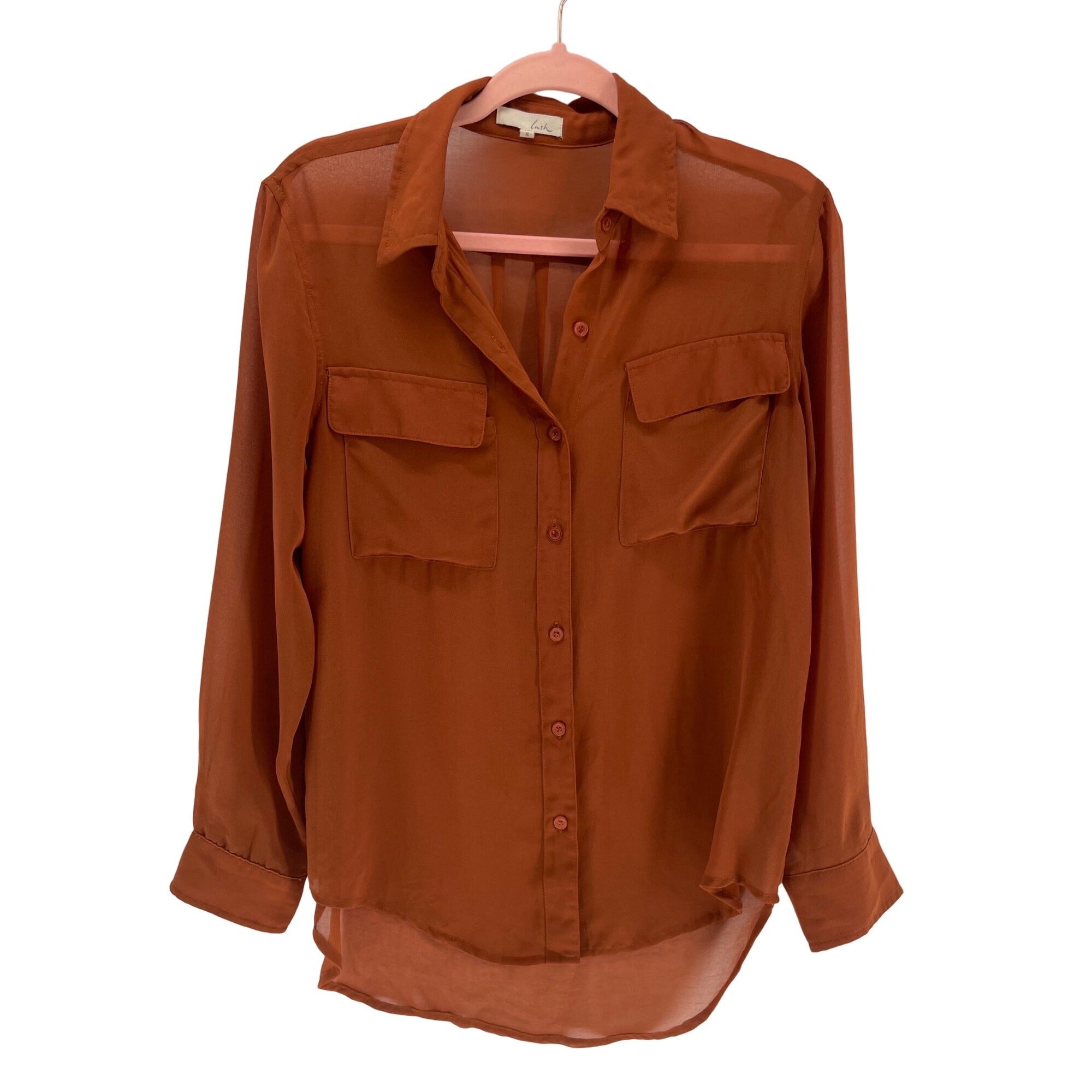 Lush Women’s Small Sheer Burnt Orange Long-Sleeved Button-Down Blouse