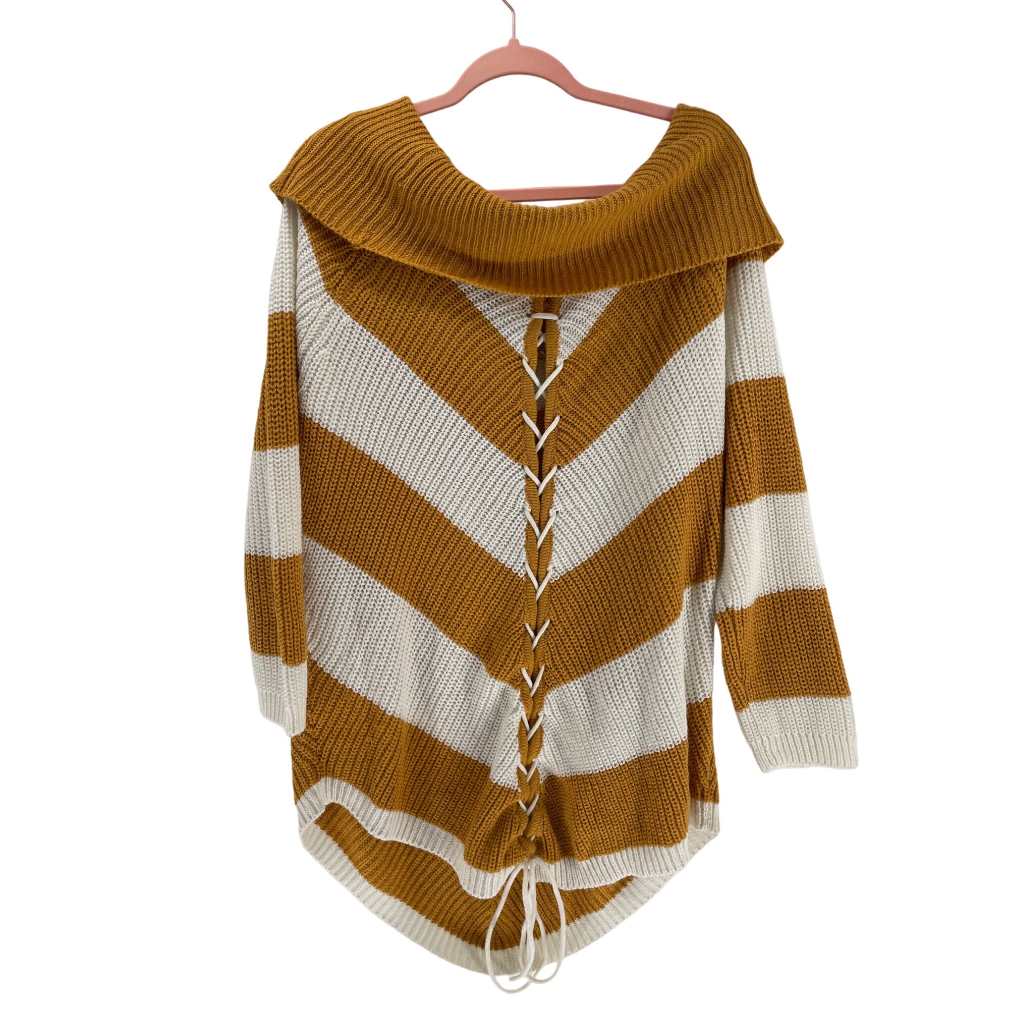 Derek Heart Plus 2X Women’s Yellow & White Striped Knit Cowl Neck Sweater