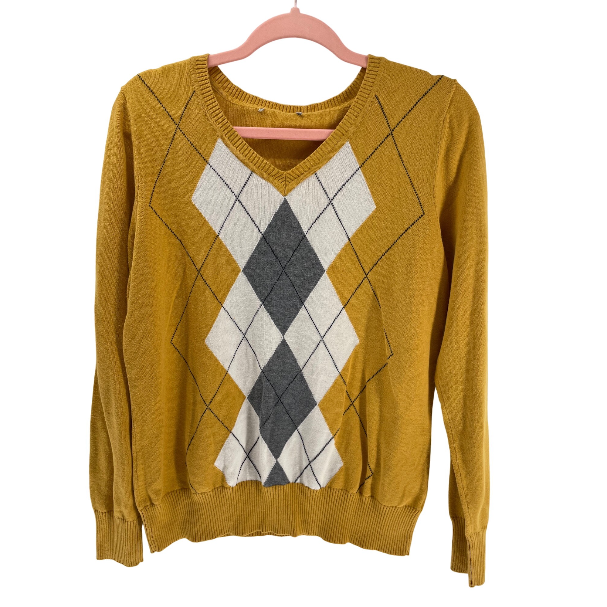 Women’a Medium Mustard Yellow V-Neck Argyle Sweater