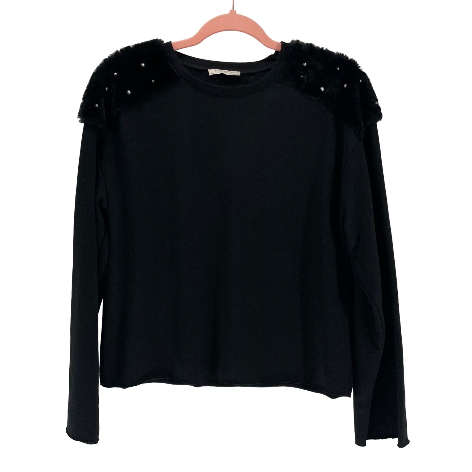 Zara Women’s Small Black Women’s Faux Fur & Pearl Shoulder Long-Sleeved Top