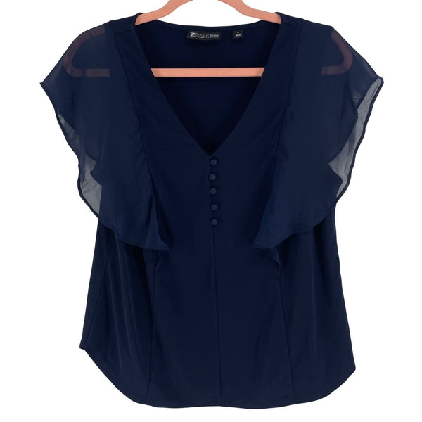 NY & Company Women's Size Small Navy Sheer Ruffle Sleeve V-Neck Top