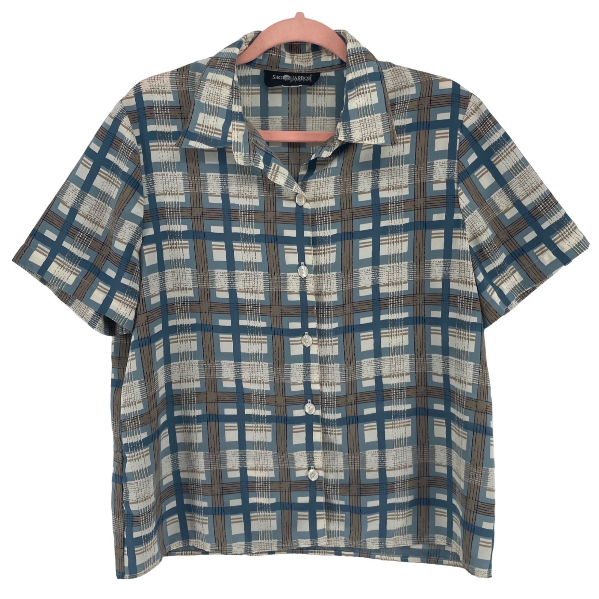 Sag Harbor Petite Women's Blue/Tan/Cream Plaid Short-Sleeved Button-Down Collared Shirt