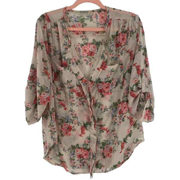 Necessary Clothing Women's Size Large Cream/Pink/Green/Blue Sheer Floral Blouse