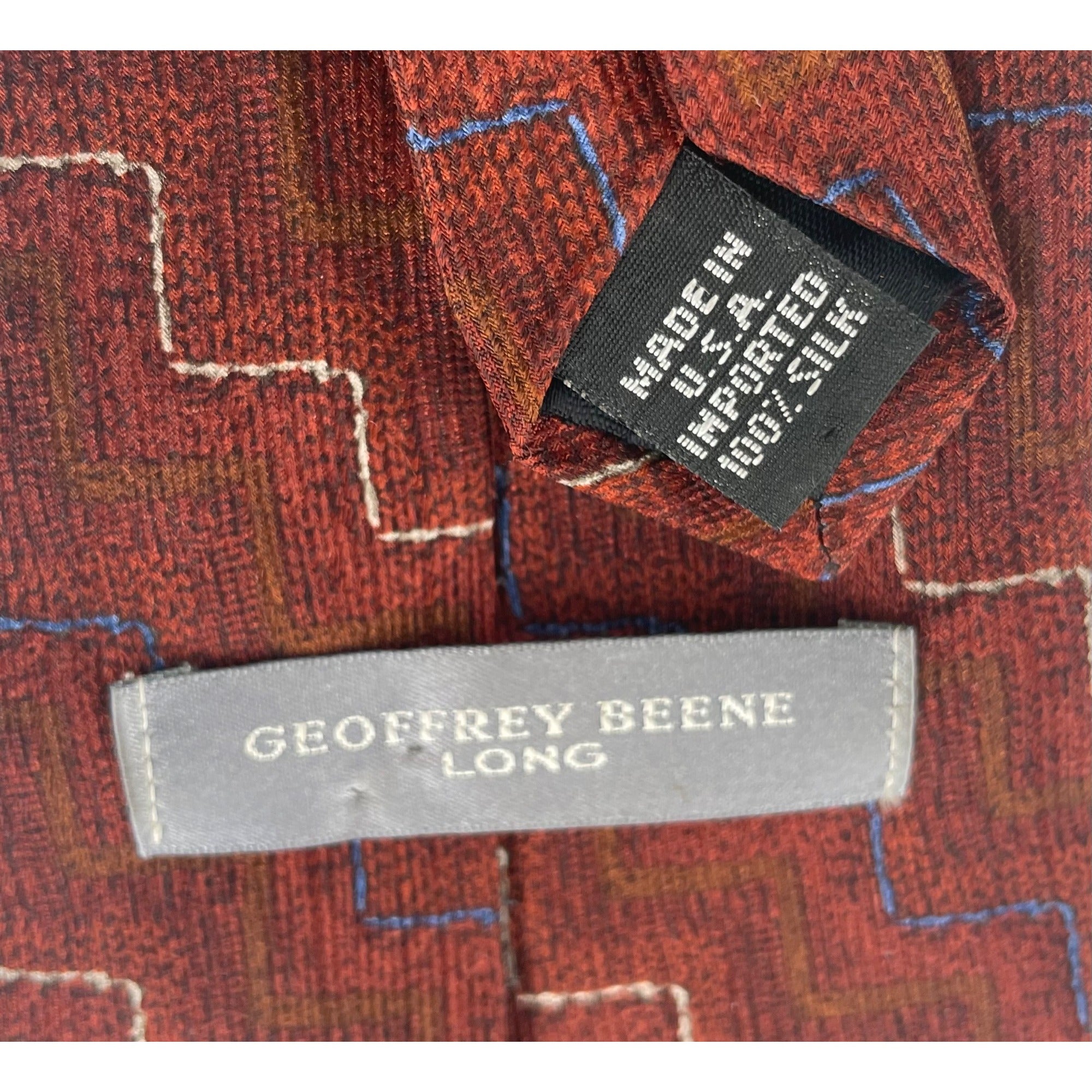 Geoffrey Beene Long Men's Burnt Orange 100% Silk Dress Tie W/ Zig Zag Pattern