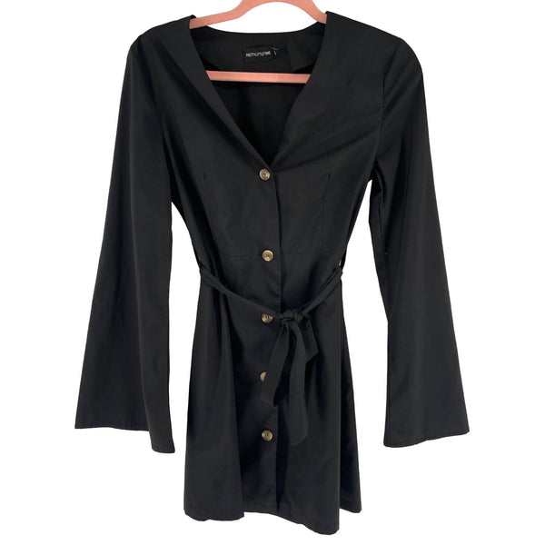 Pretty Little Thing Women's Size 8 Black Long-Sleeved V-Neck Button-Down Dress W/ Sash