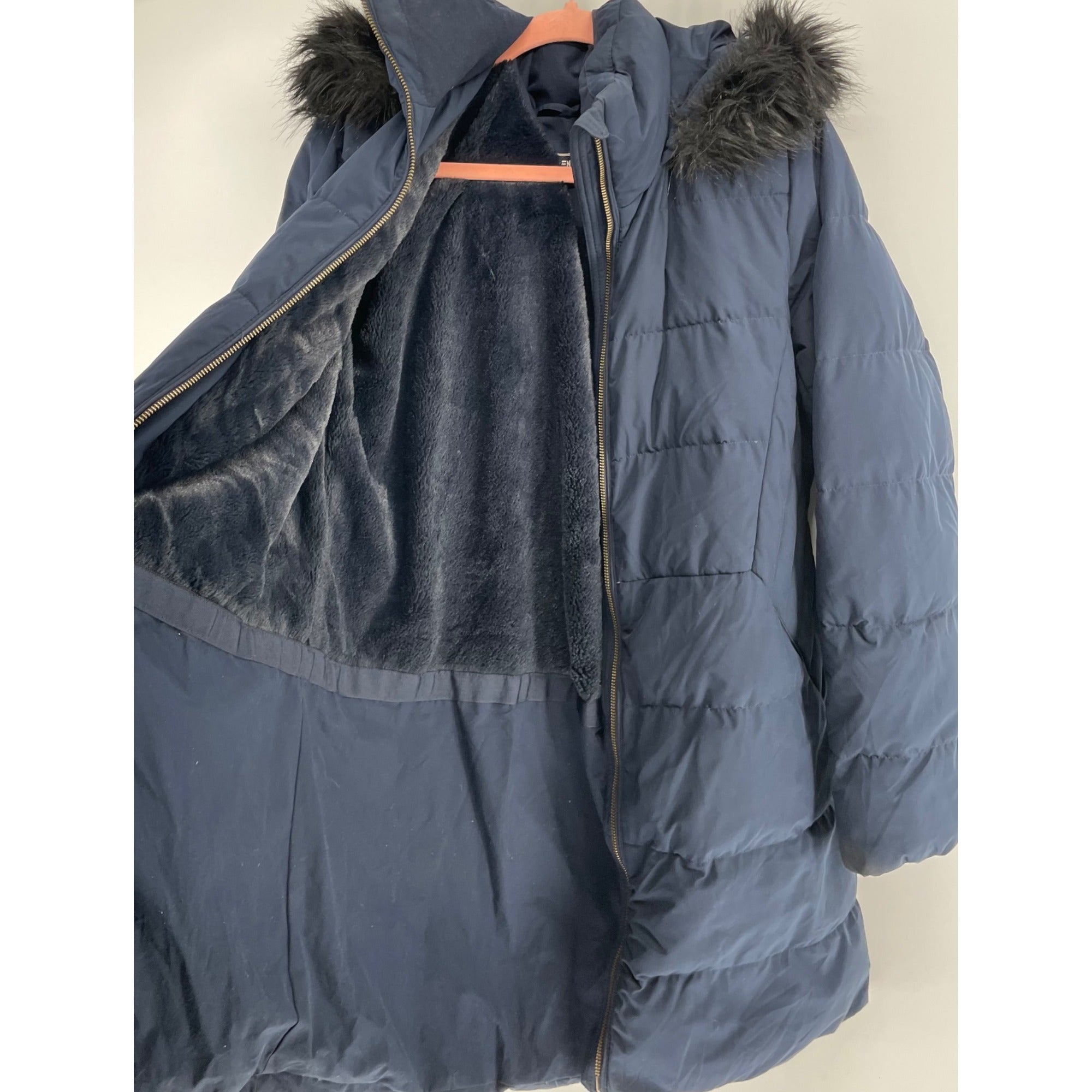 Land's End Women's Size Medium Navy Puffer Coat W/ Faux Fur Hoodie