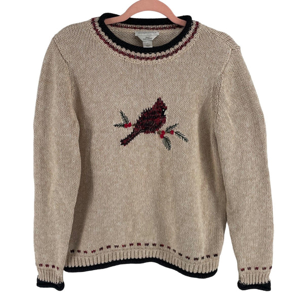 Christopher Banks Women's Size L Hand Embroidered Cardinal Cream Knit Sweater