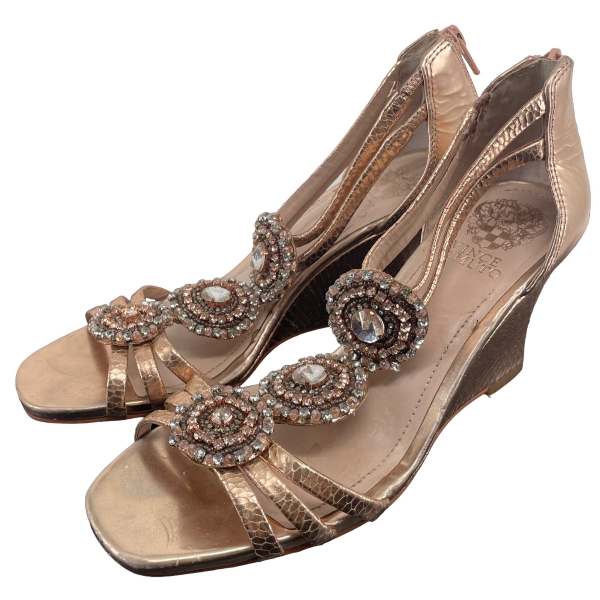 Vince Camuto Women's Size 8 Rose Gold Crystal Snakeskin Wedge Sandals