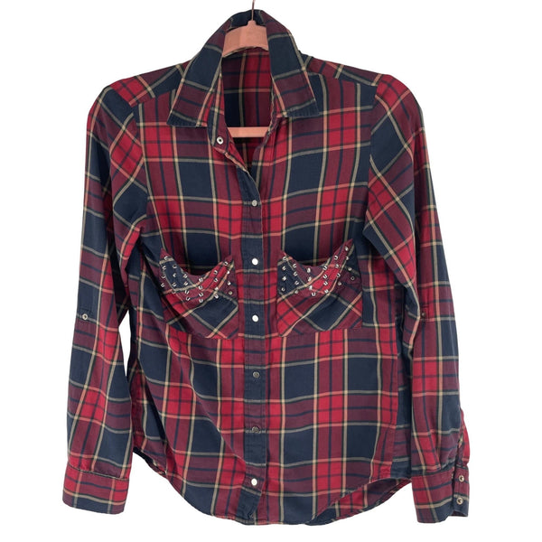 Love Woman Size XS Navy & Red Plaid Button-Down Flannel W/ Silver-Studded Pockets