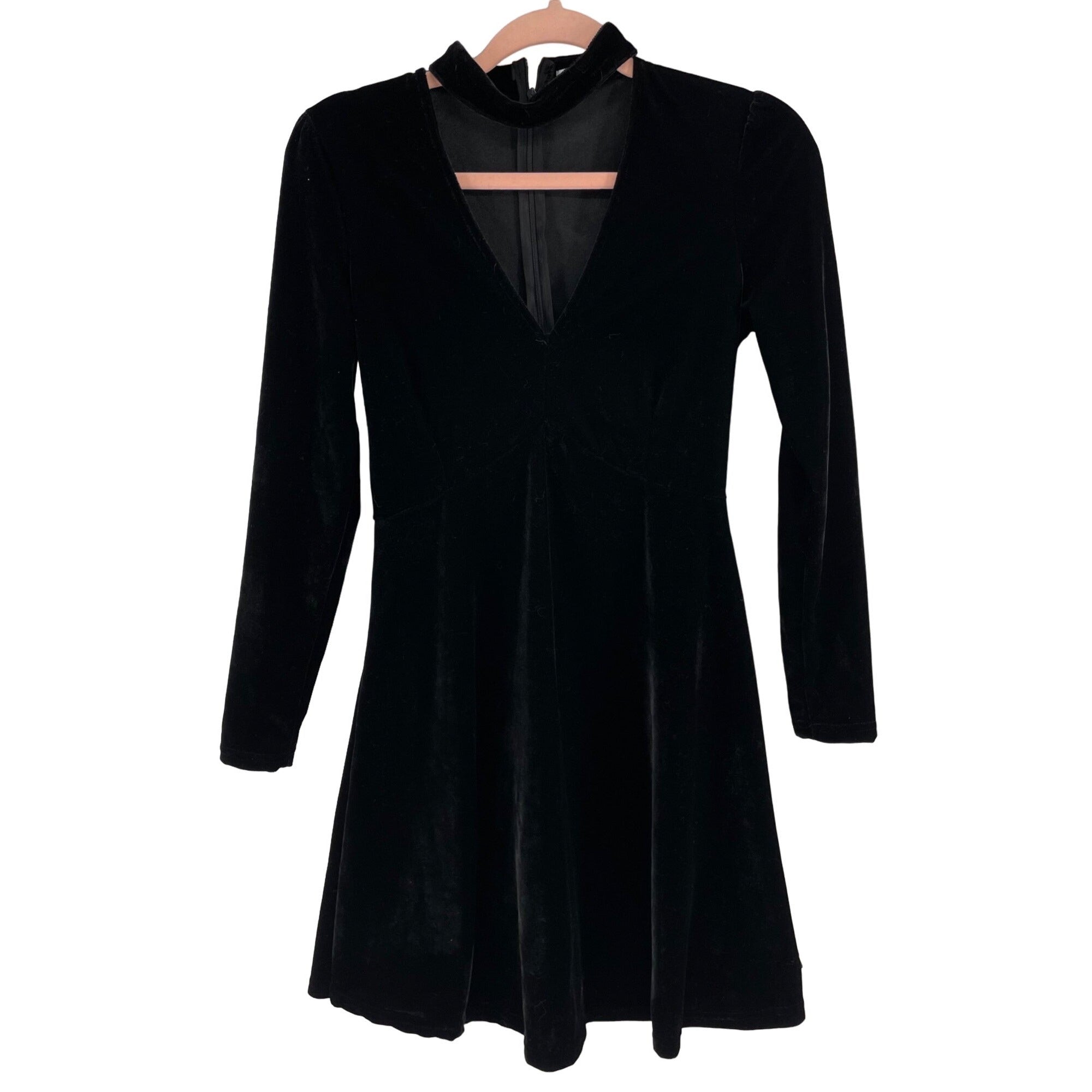 Measeor Women's Size Small Black Velour/Velvet Choker Neck Long-Sleeved Midi Dress