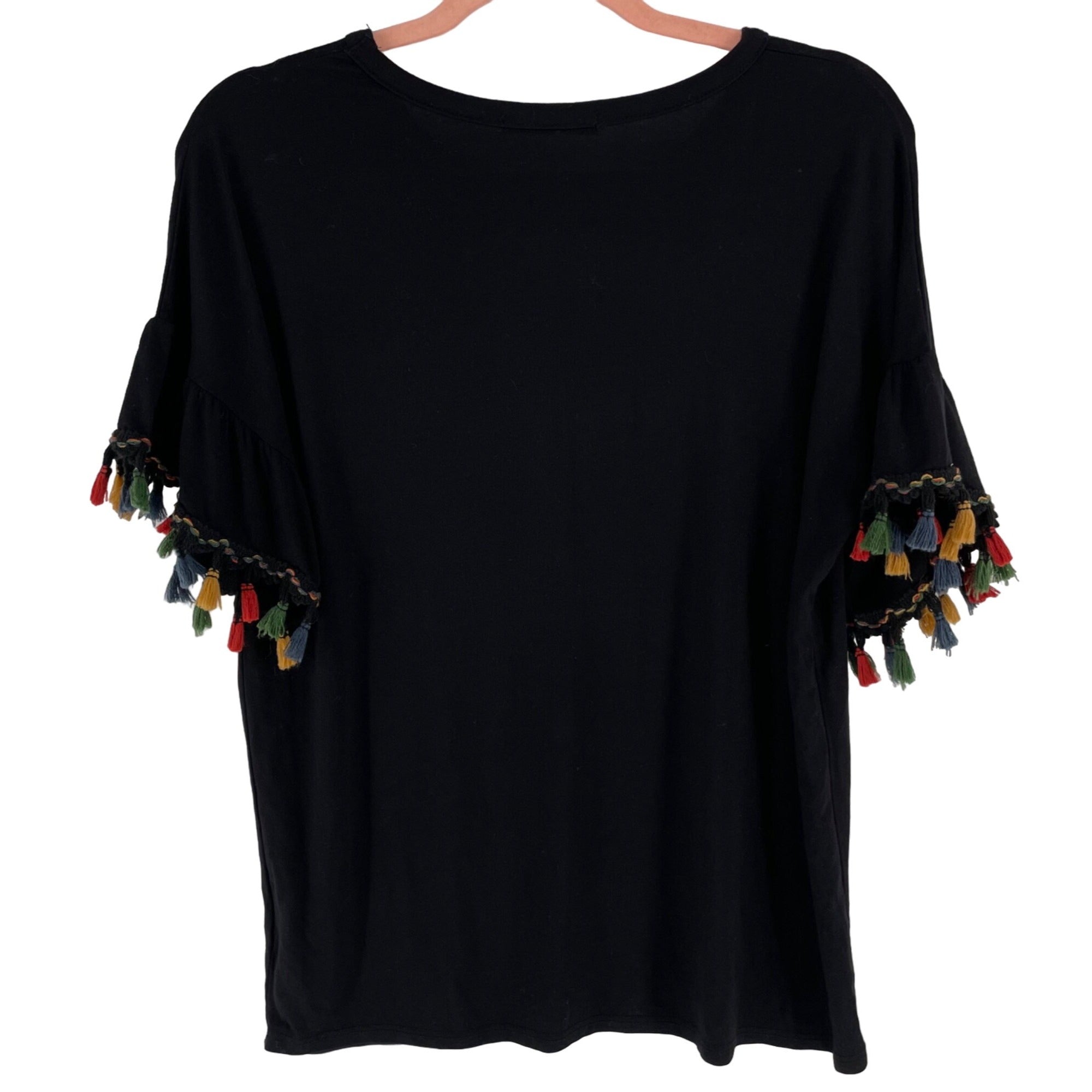 Kim & Cami Women's Size Small Black Crew Neck T-Shirt W/ Sleeve Tassels