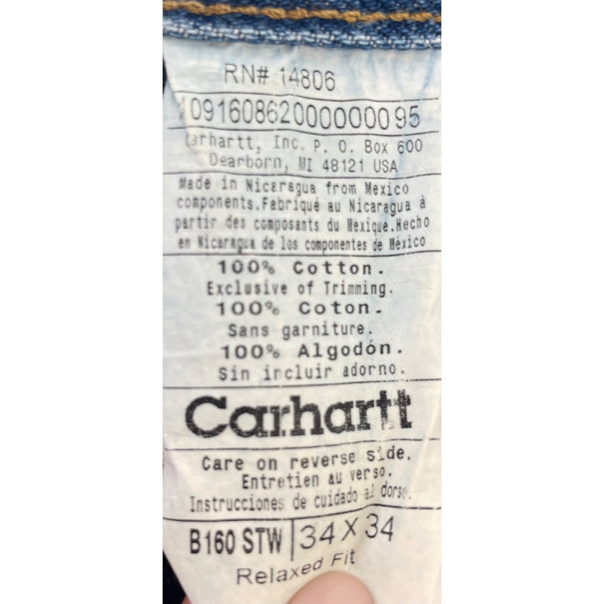 Carhartt Men's Size 34 By 34 Blue Jean Denim Straight-Leg Pants