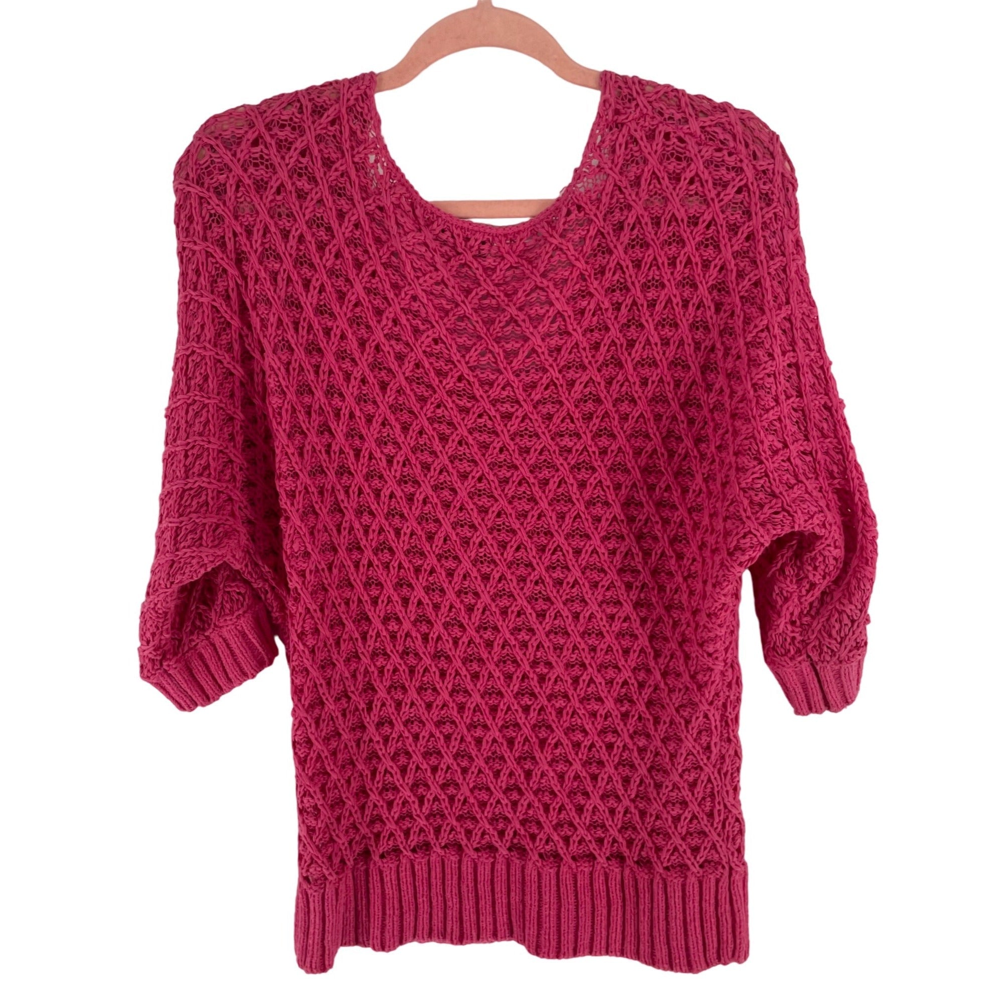 Nine West Women's Size L V-Neck Fuchsia Mesh Knit Sweater