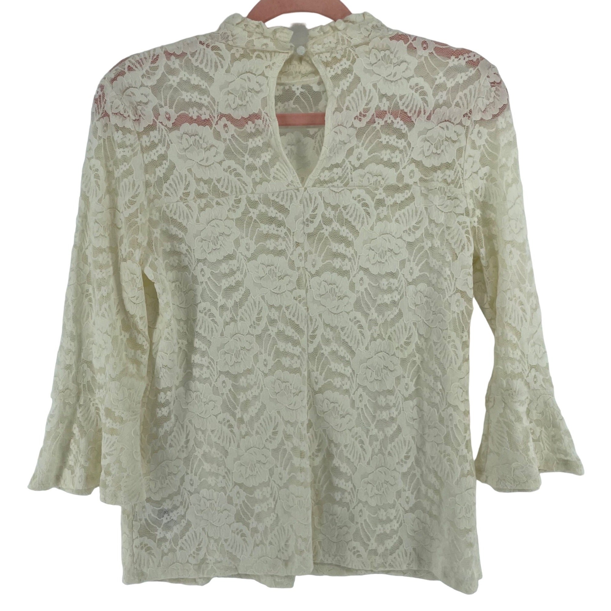 Women's Size Medium Cream Floral Lace 3/4 Quarter Length Sleeve Ruffle Bell Sleeve Top