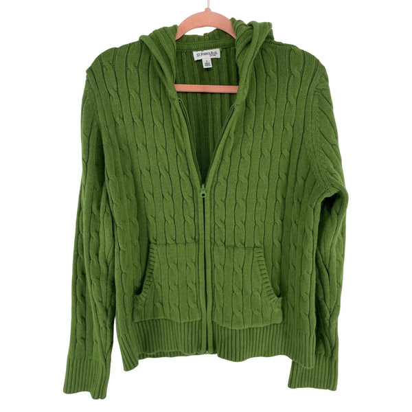 St. John's Bay Women's Size Large Green Cable Knit Zip-Up Hoodie Cardigan