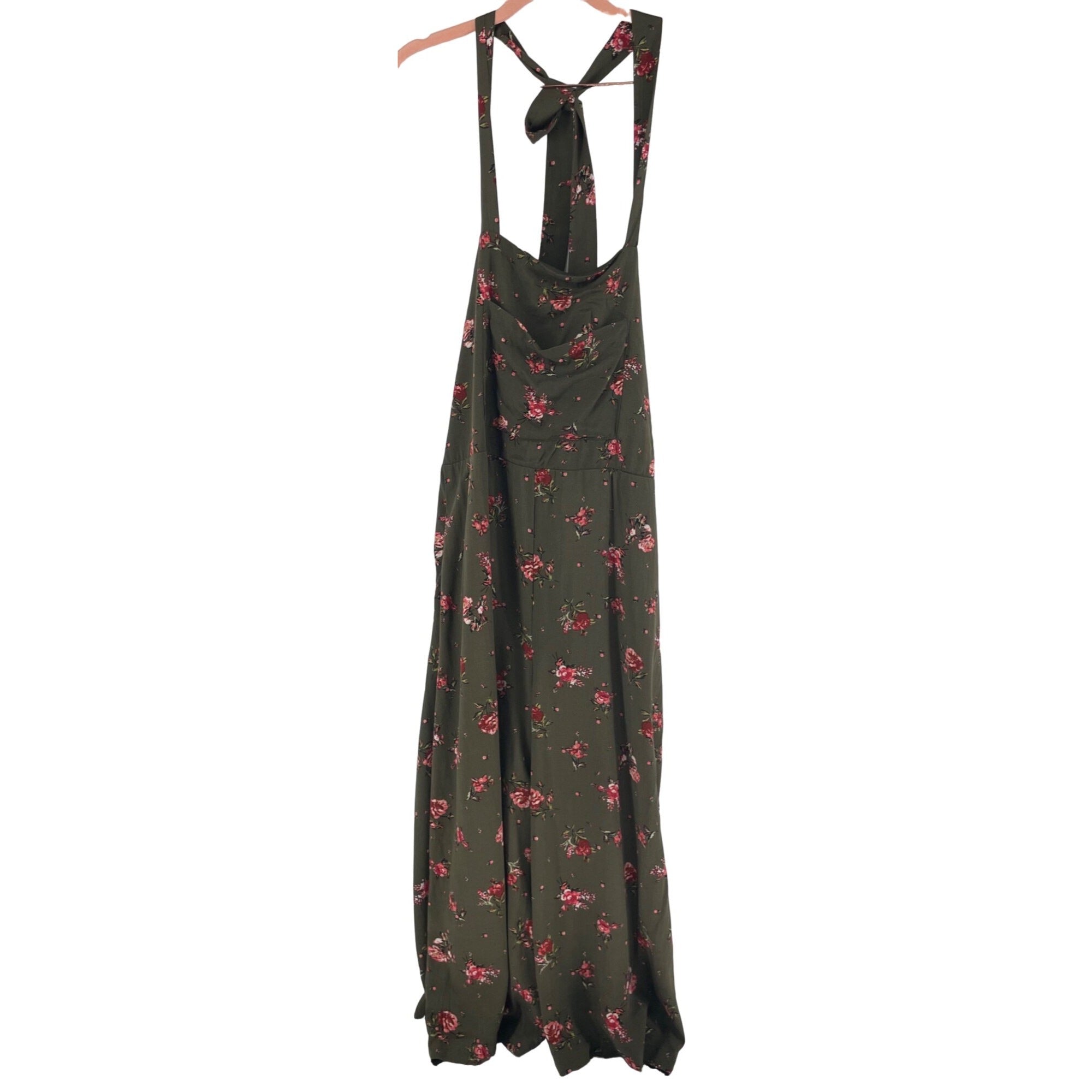 Xhilaration Women's Size Large Olive Green, Pink & White Floral Wide-Leg Dungarees