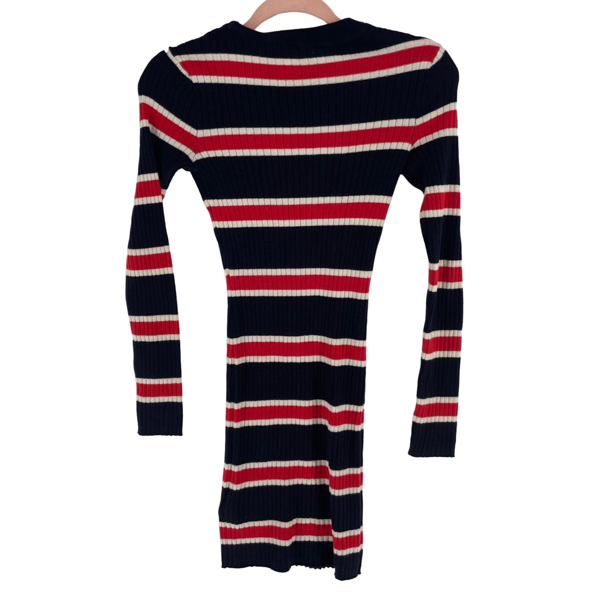 H&M Women's Size 0 Navy/Red/Cream Striped Long-Sleeved Ribbed Bodycon Dress