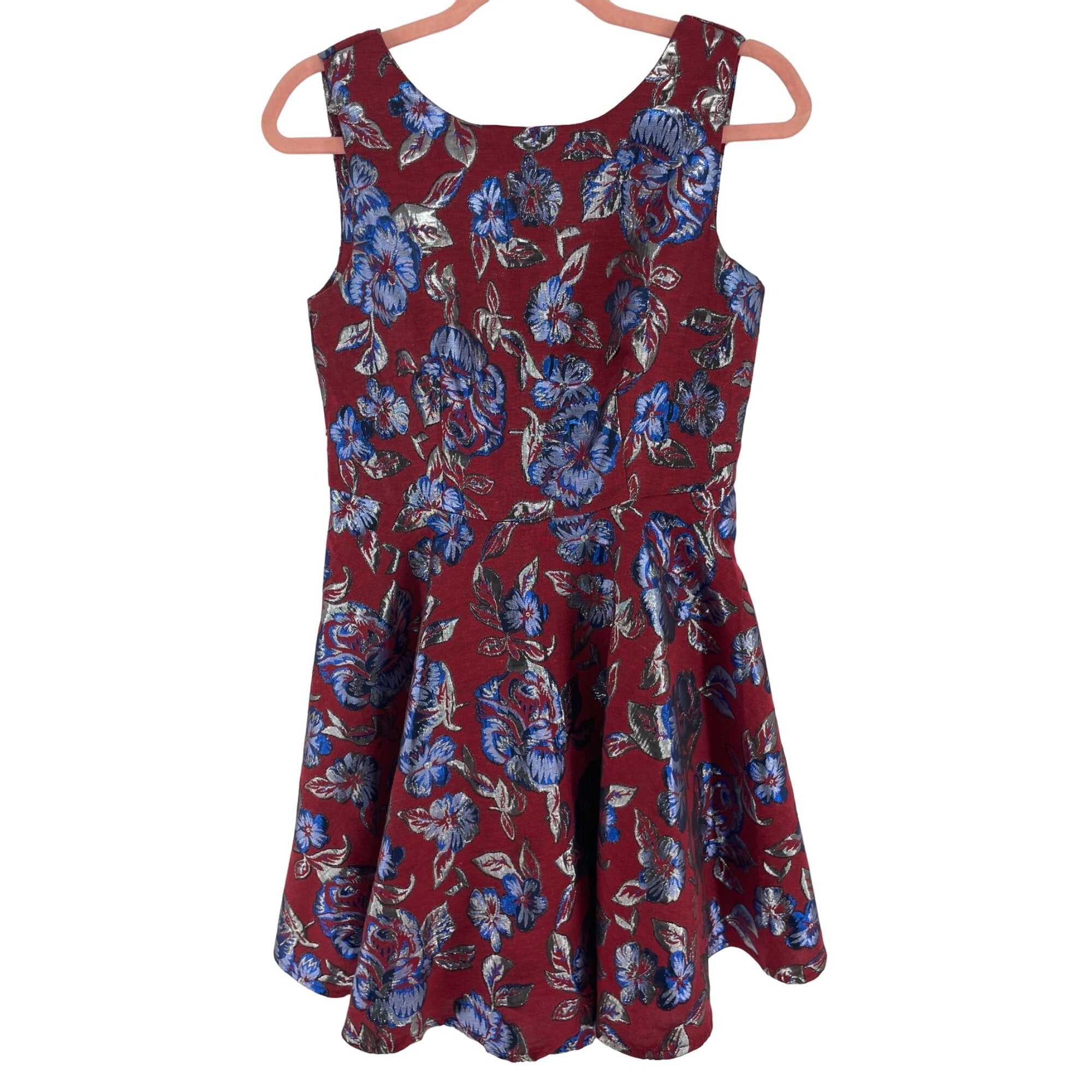 Moon Women's Size Medium Red/Blue/Silver Floral Sleeveless A-Line Party Dress