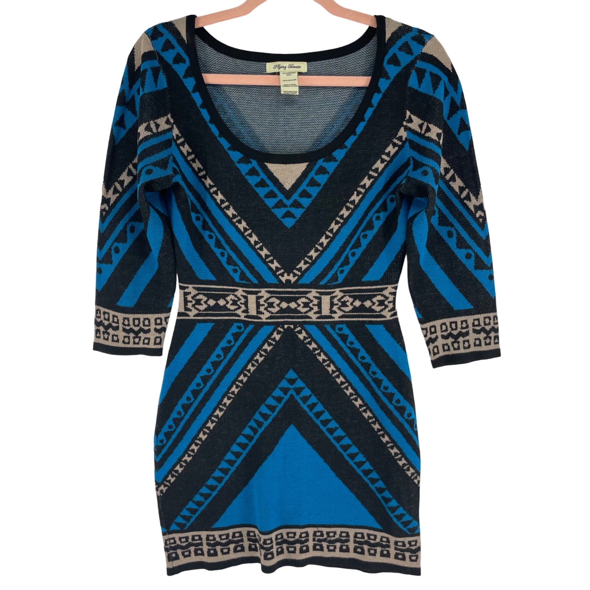 Flying Tomato Women's Size Small Blue/Black/Tan Tribal Print Sweater Dress