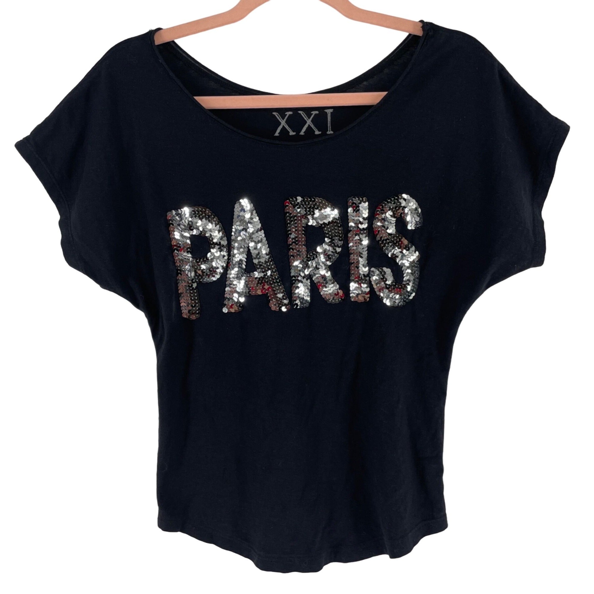 Forever 21 Women's Size Small Black Graphic T W/ "Paris" Sequins