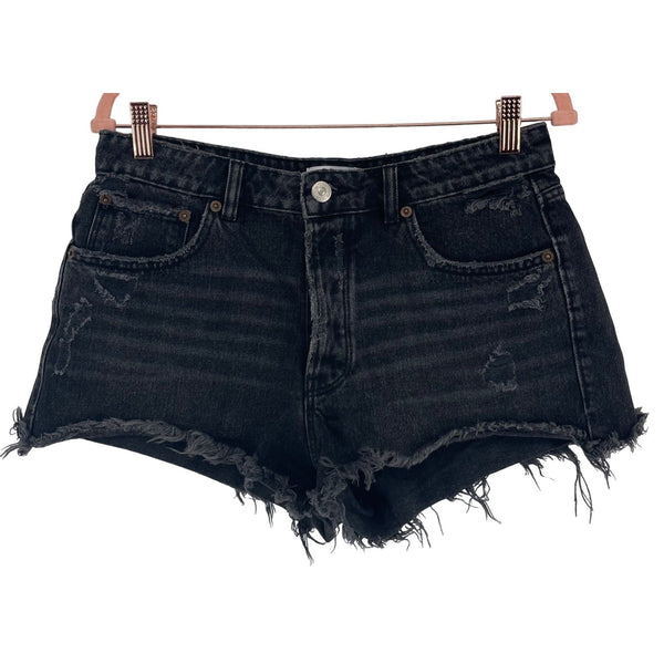 Zara Women's Size 6 Black Distressed Denim High-Waisted Shorts W/ Fringe Hem