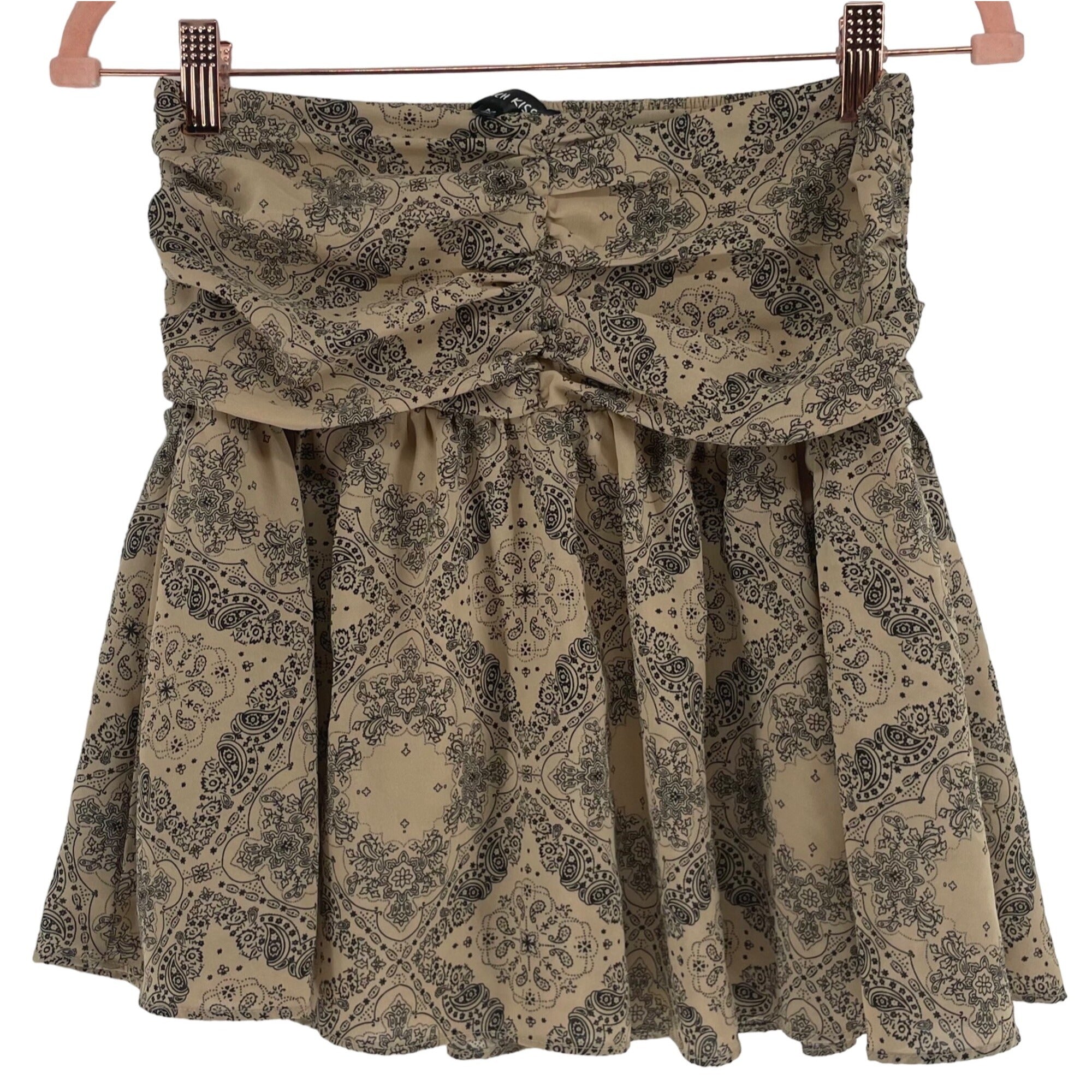 French Kiss Women's Size Medium Strapless Tan/Black Paisley Pleated A-Line Ruffle Mini Romper