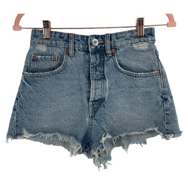 Zara Women's Size 2 Distressed Blue Jean Denim Shorts W/ Fringe Hem