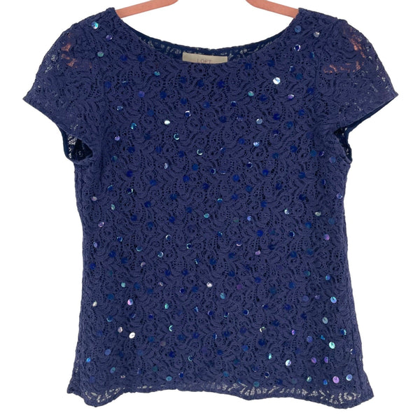 LOFT Women's Size XS Navy Blue Sequin Short Sleeve Top