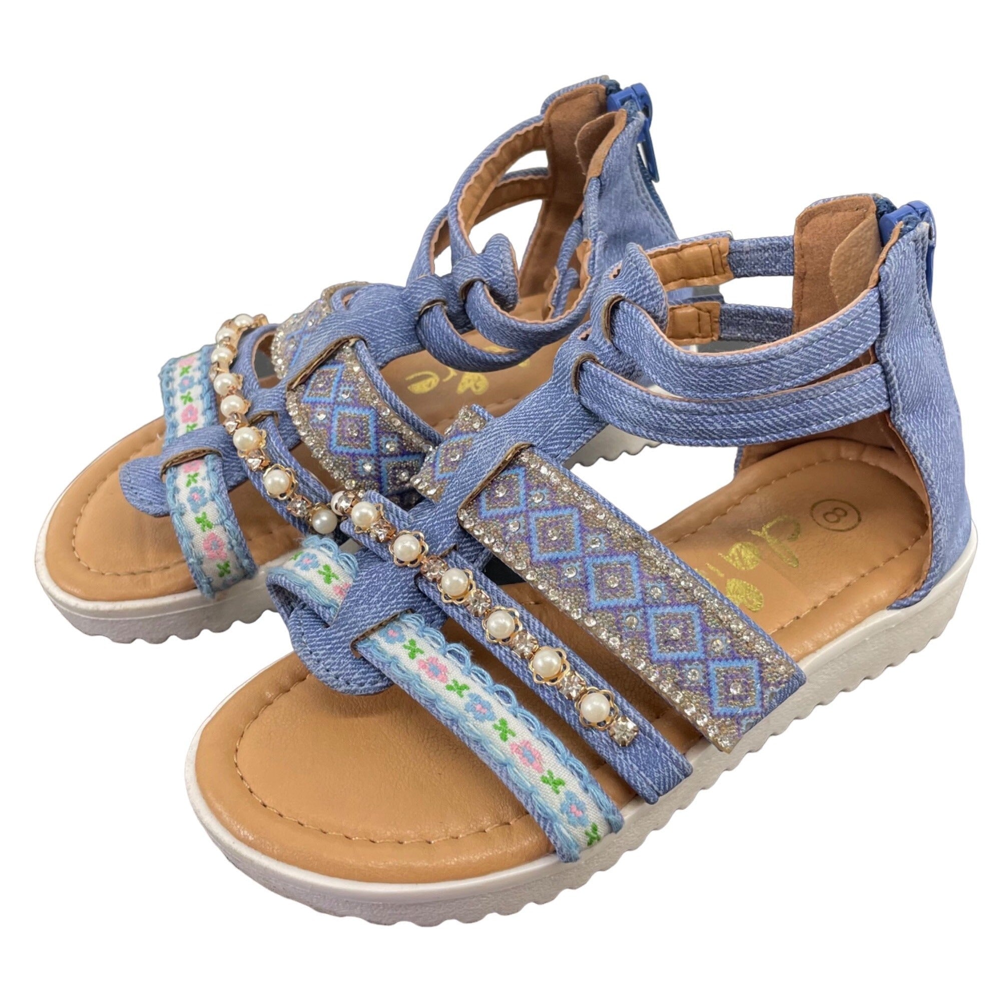 Claire Girl's Size 8 Sparkly Denim Blue Sandals W/ Rhinestones & Pearls