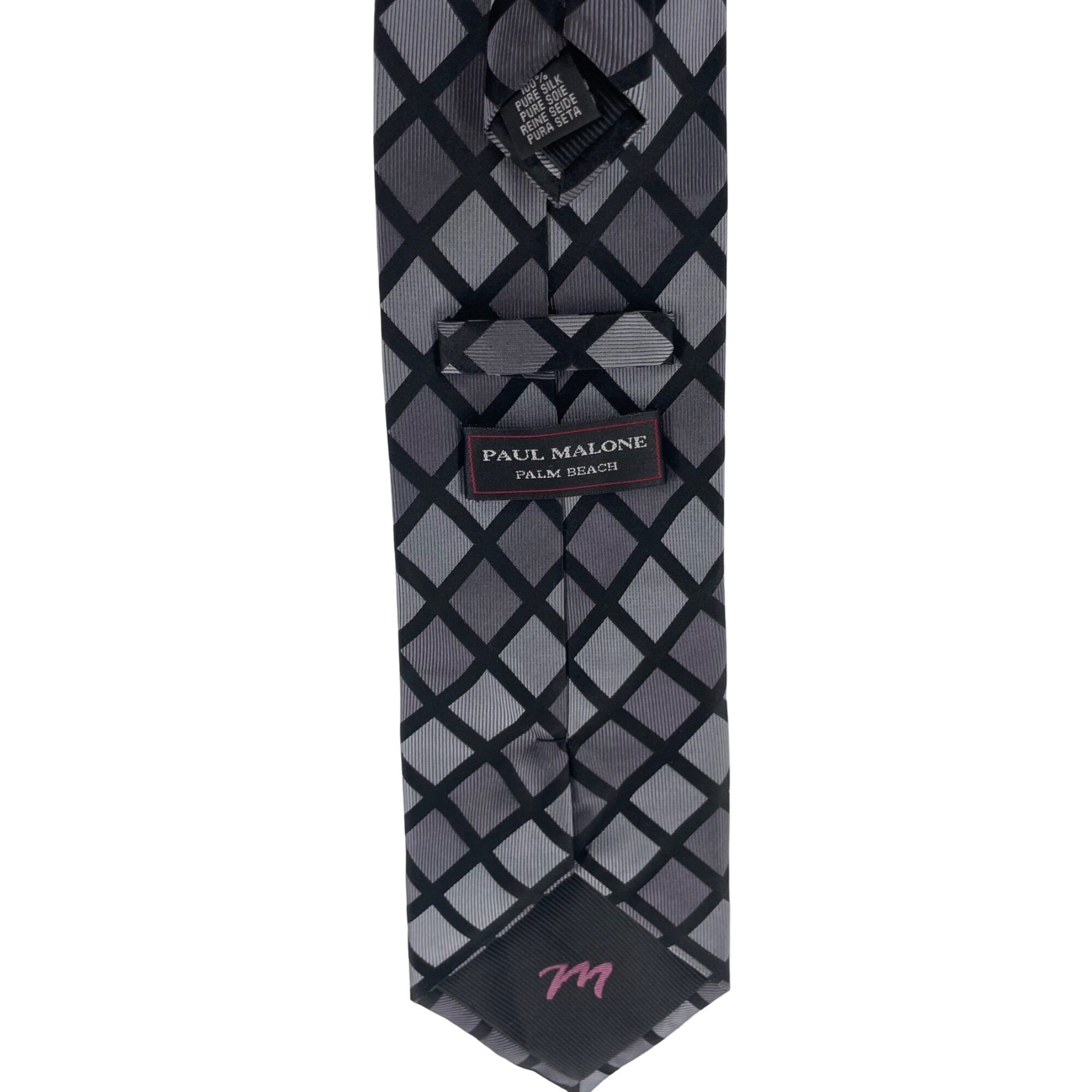 Paul Malone Palm Beach Men's 100 Silk Black/SilverGrey Diamond Pattern Dress Tie