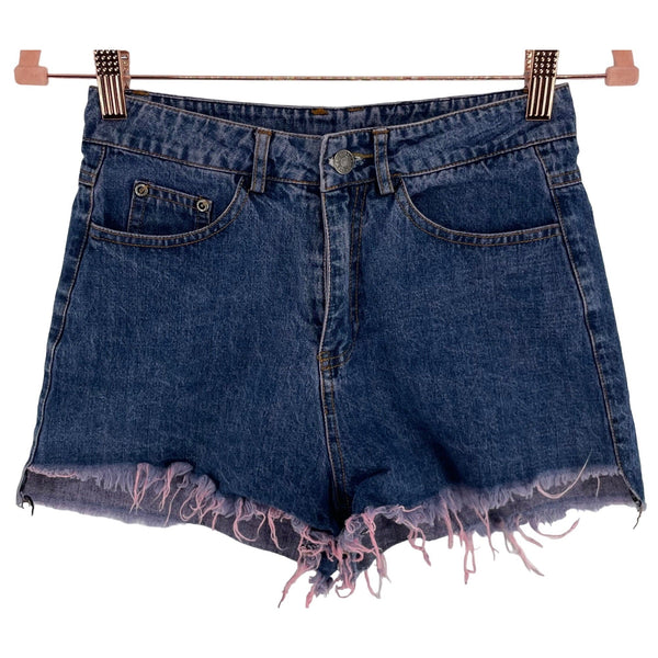 Women's Size Medium Dark Wash Blue Jean Denim Pink Fringe Hem Shorts