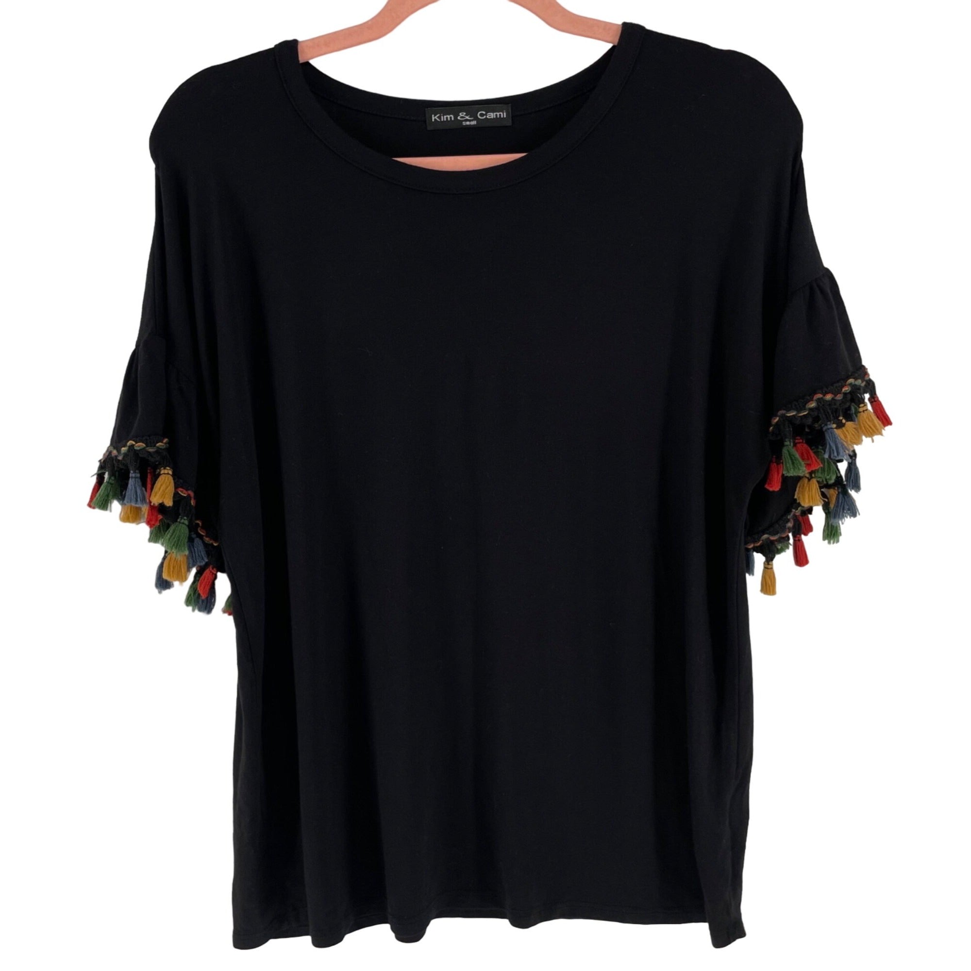 Kim & Cami Women's Size Small Black Crew Neck T-Shirt W/ Sleeve Tassels