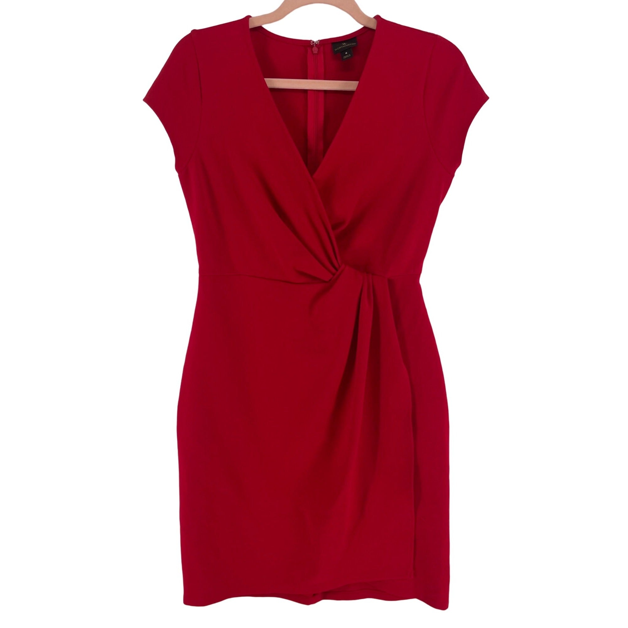 Worthington Women's Size 4 Red V-Neck Dress W/ Front Twist Knot Detail