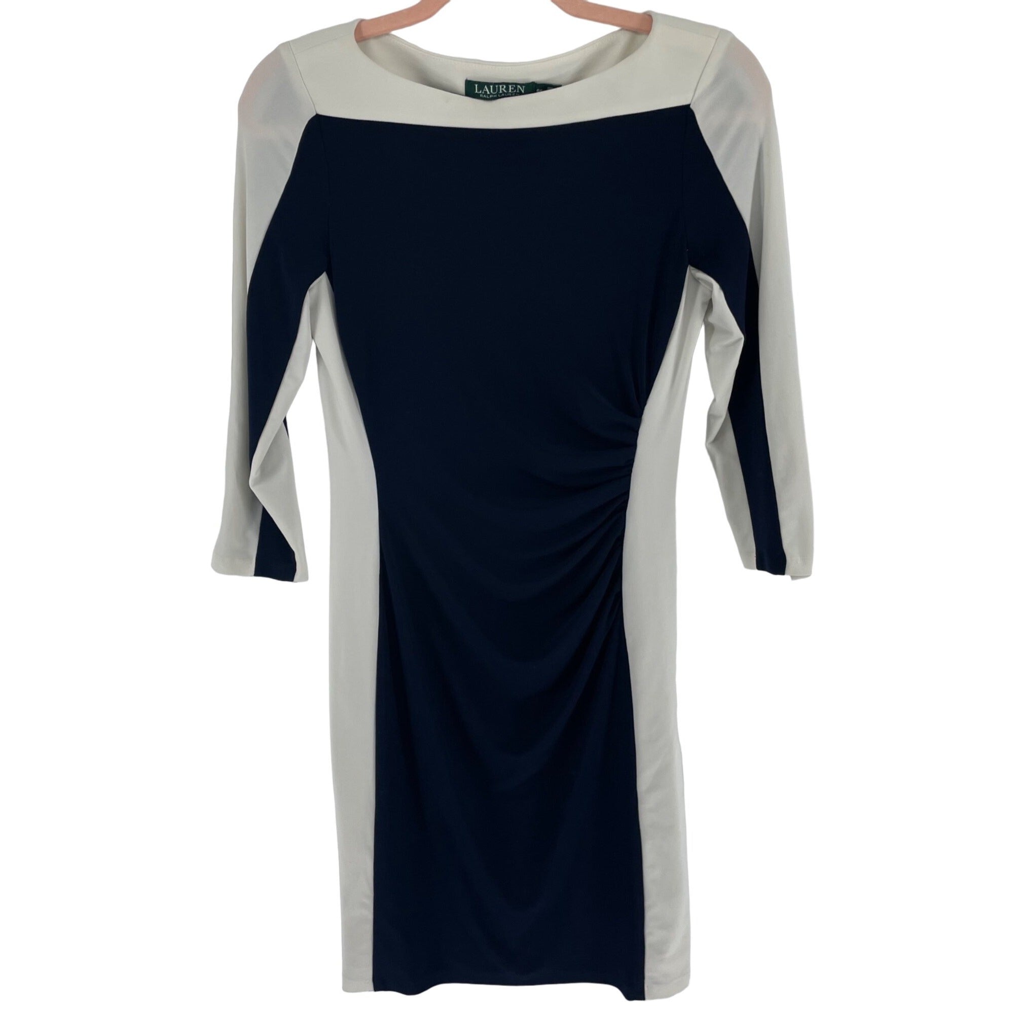 Ralph Lauren Women's Size 6P Navy Blue & White Long-Sleeved Sheath Dress