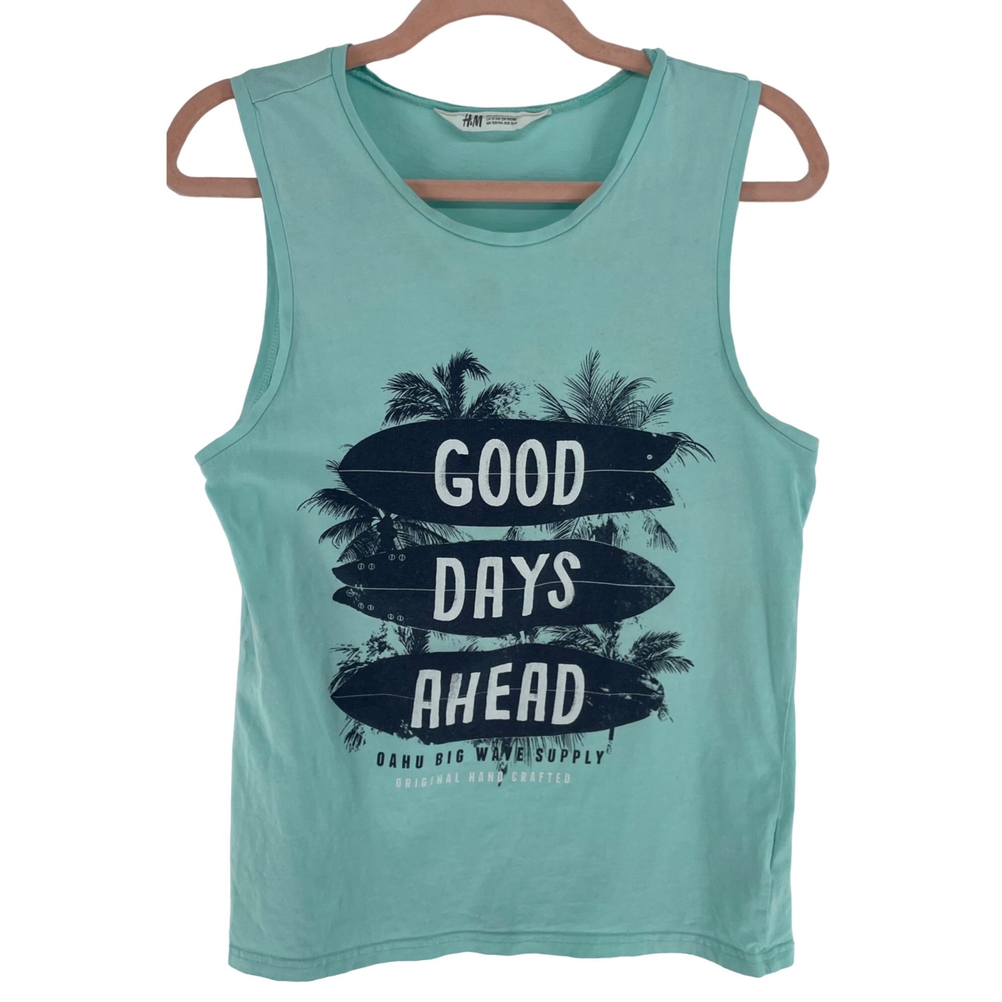 H&M Girl's Size 12-14 Aqua Blue/Navy/White "Good Days Ahead" Graphic Tank Top