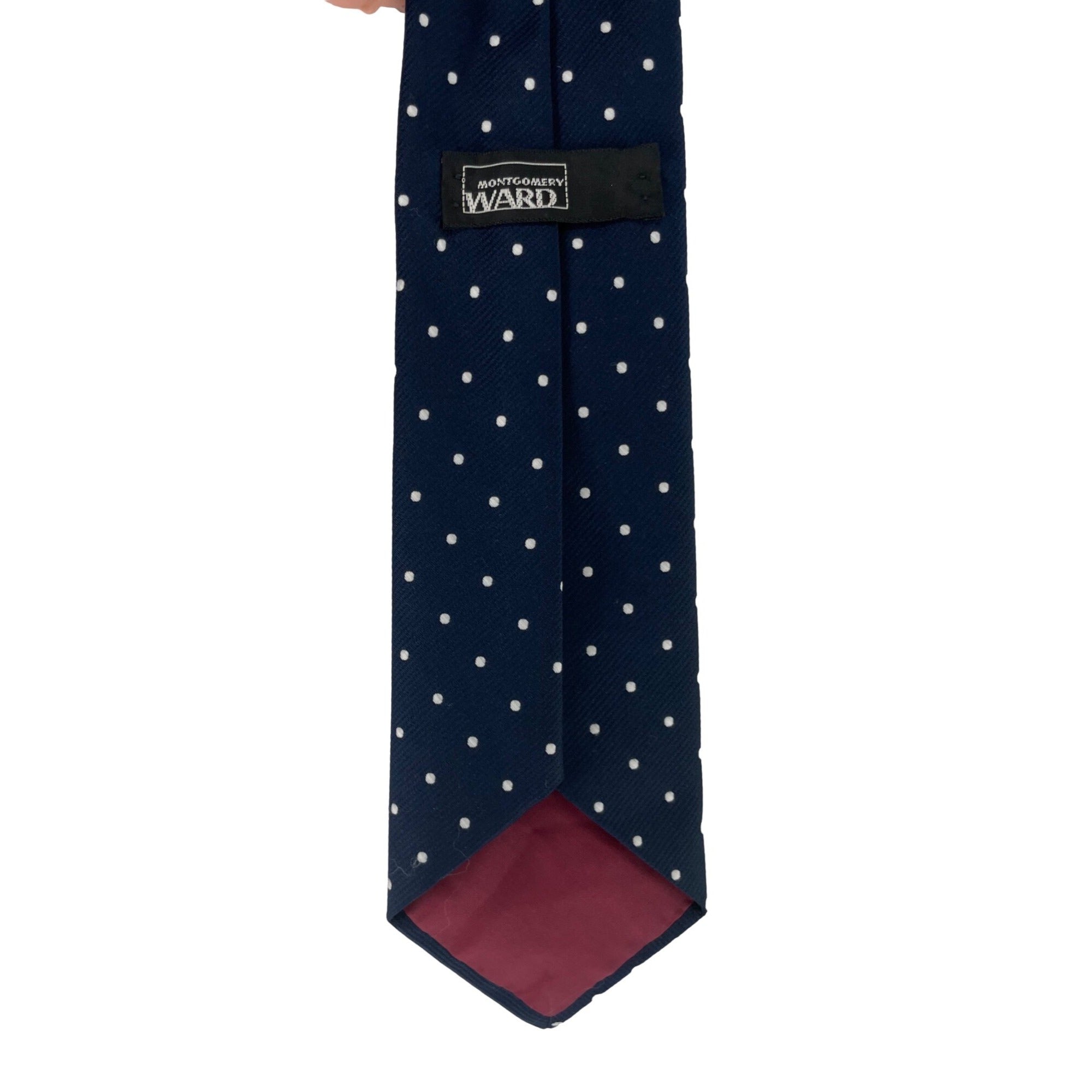 Montgomery Ward Men's Navy Dress Tie W/ White Polka Dots