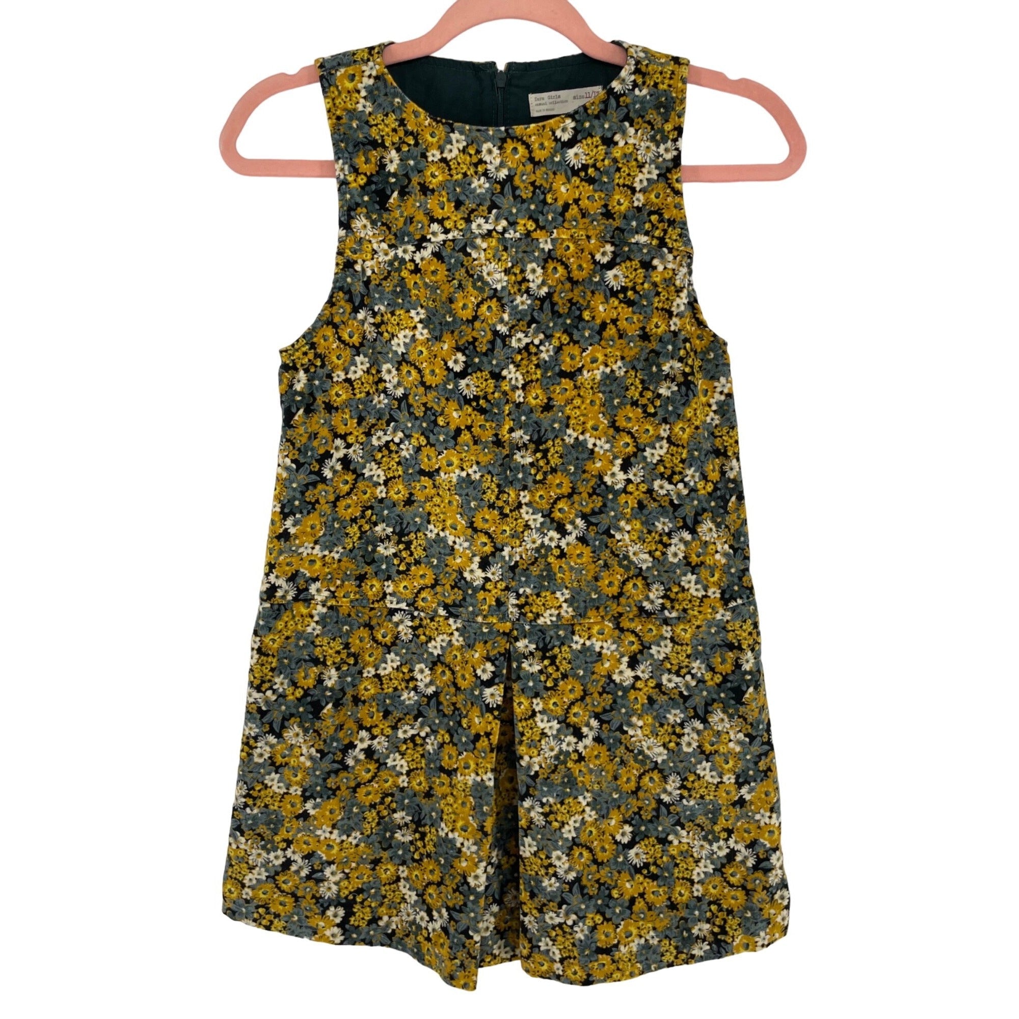 Zara Girls Size 11/12 Yellow, Teal & White Corduroy Sleeveless Pleated Floral Dress