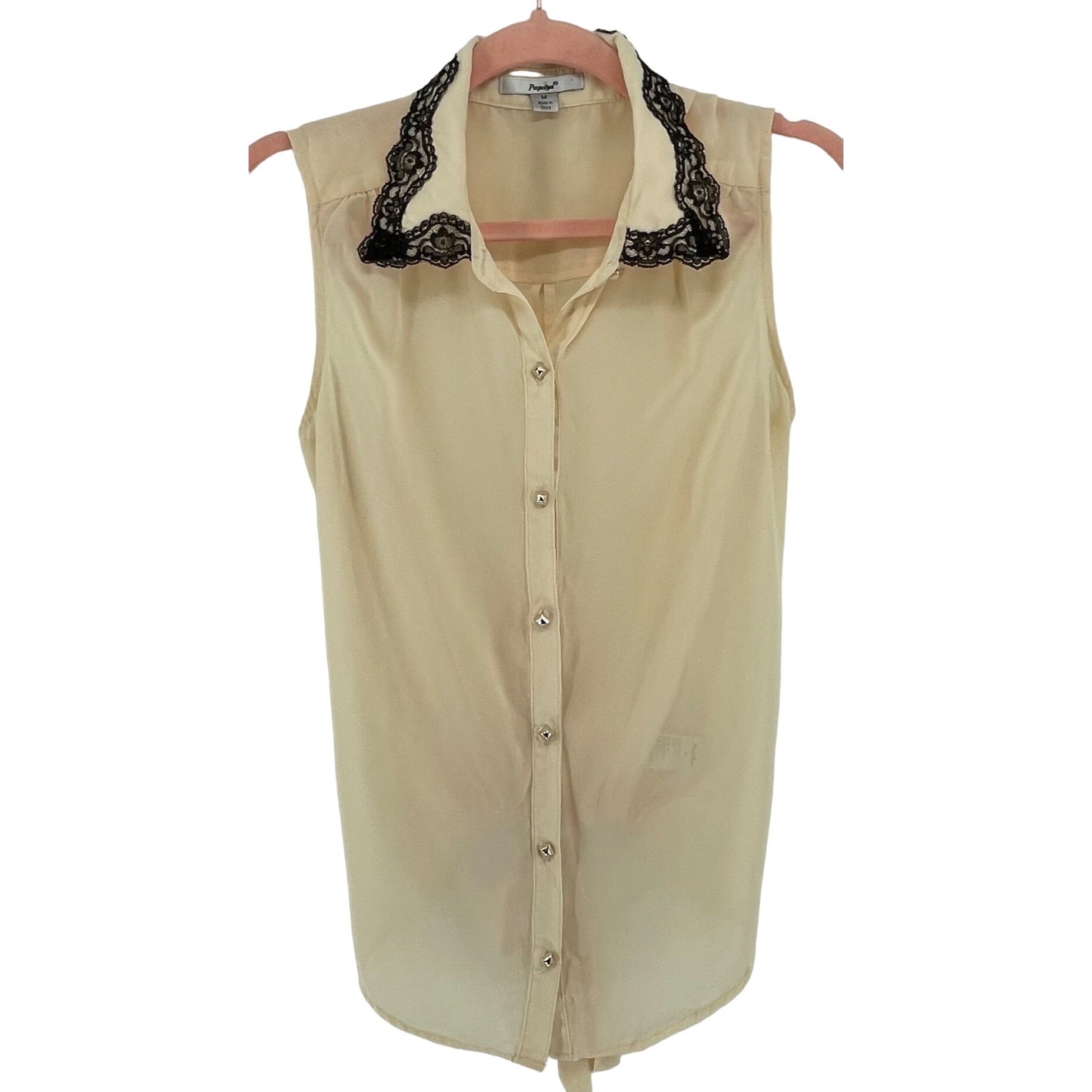 Papaya Women's Size Medium Cream & Black Sheer Sleeveless Tank Blouse W/ Sash