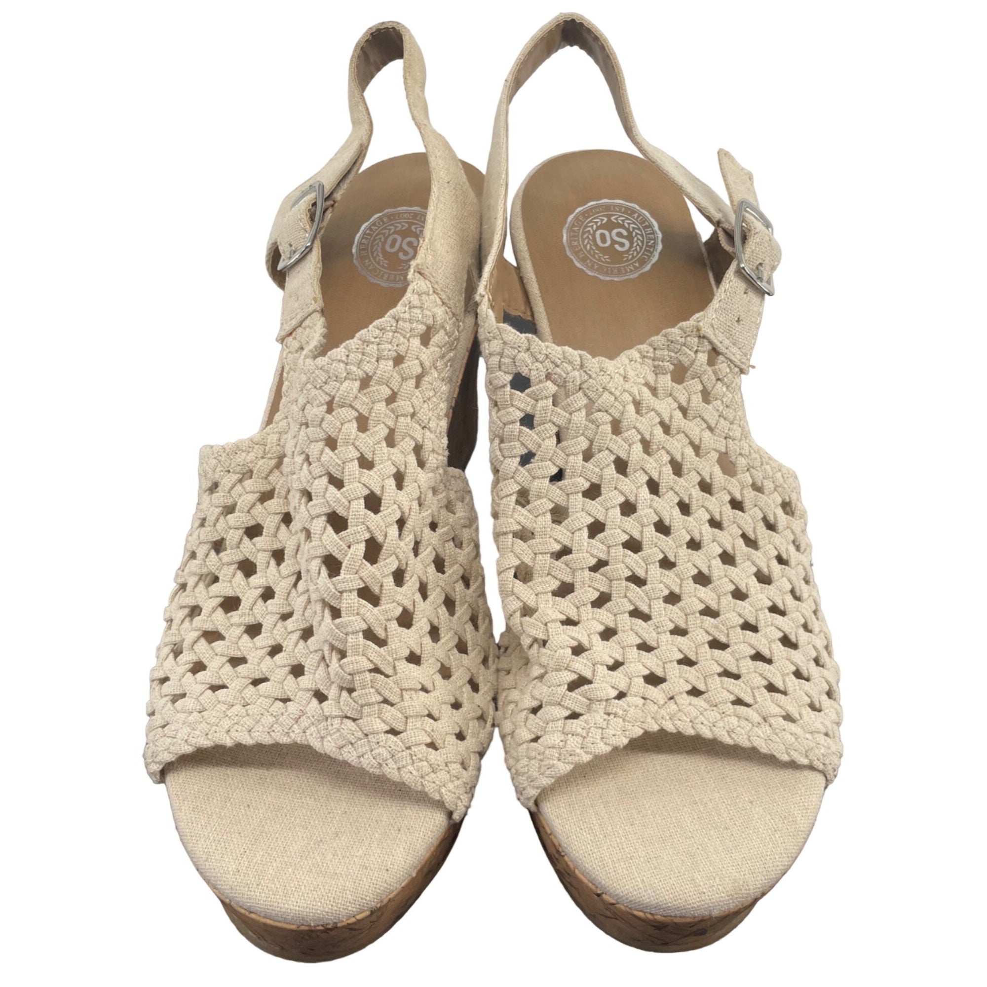 So Women's Size 9 Perch Cream & Tan Mesh Knit 4" Heel Wedge Sandal