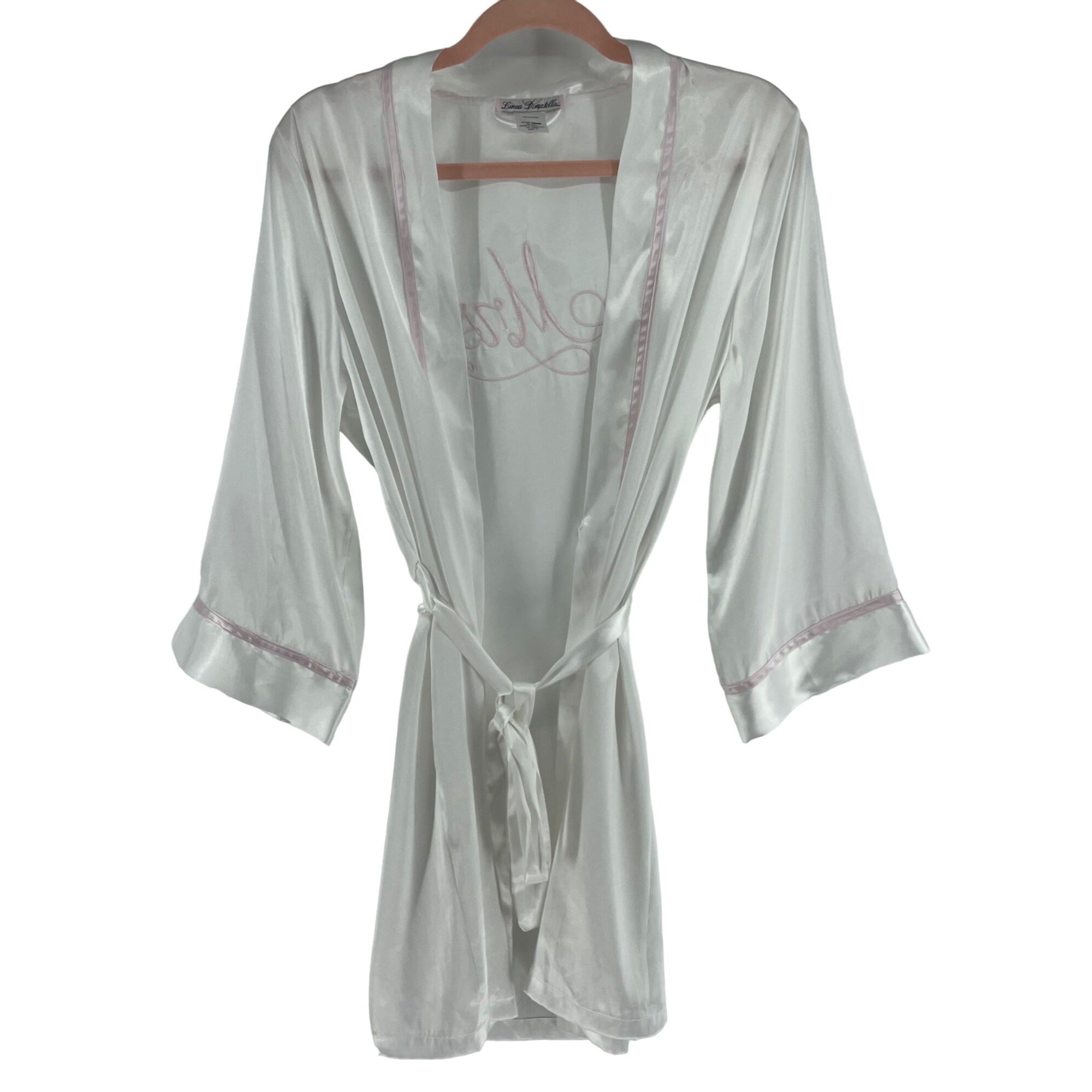 Linea Donatella Women's Size Small White & Pink Satin Bridal Robe W/ Rhinestone Detailing