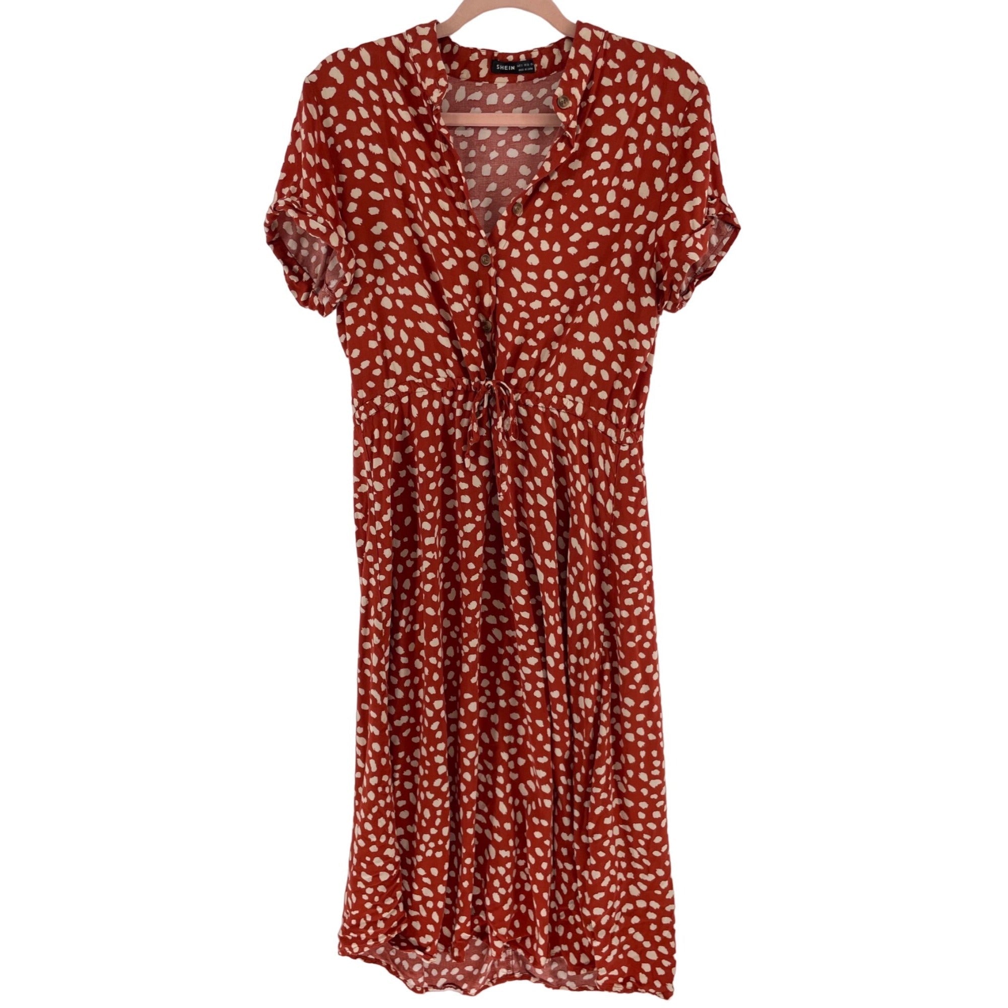 Shein Women's Size Small Burnt Orange & Cream Waist Tie Dot Dress