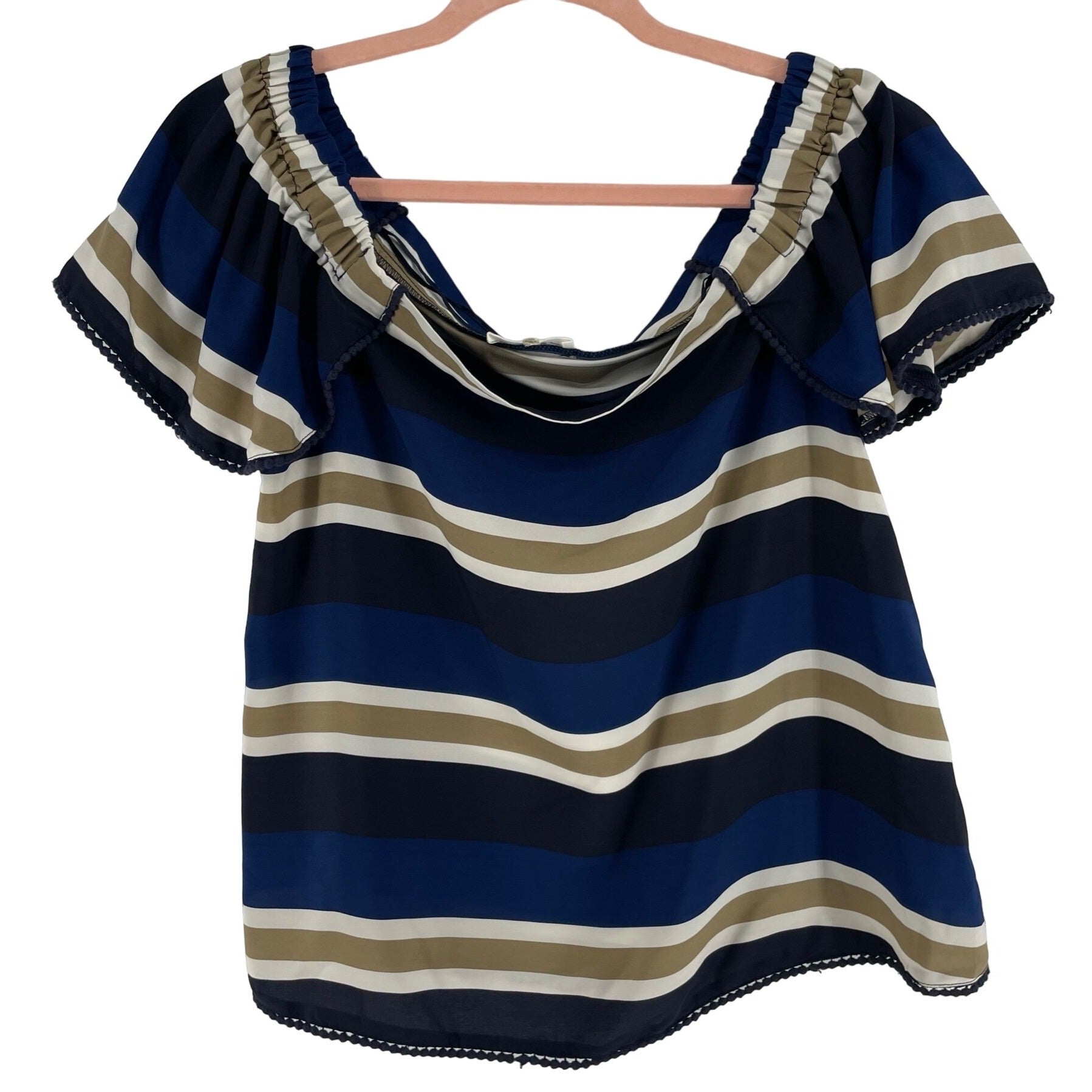 Sugarlips Women's Size Medium Blue/Tan/White/Black Striped Off-The-Shoulder Top