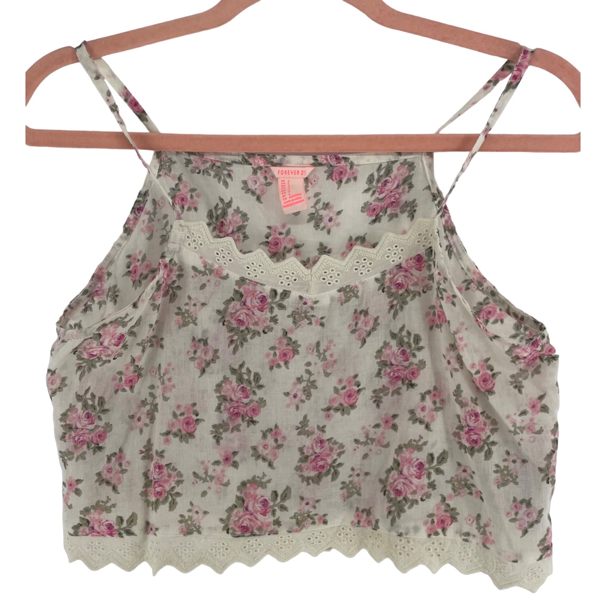 NWOT Forever 21 Women's Size Small Cream/Pink/Green Rose Print Crop Top