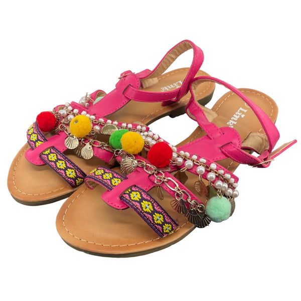 NWOT Link Girl's Size 4 Fuchsia & Multi-Colored Pom Pom Flat Sandals