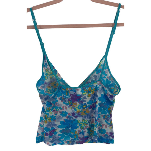 Women's Size Large Aqua & Multi-Colored Floral Vintage Spaghetti Strap Crop Top Tank