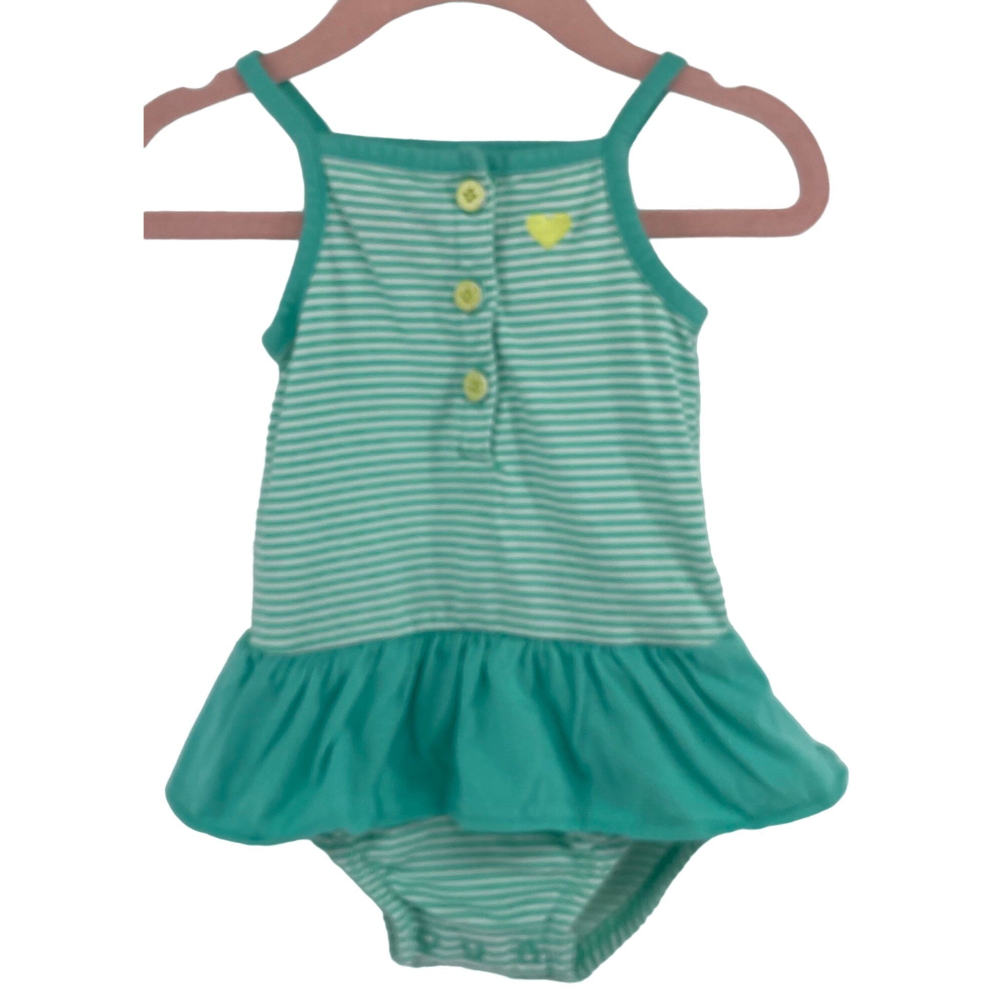 Carter's Baby Girl's Size 12 Months Teal, White & Yellow Striped Ruffled Onesie