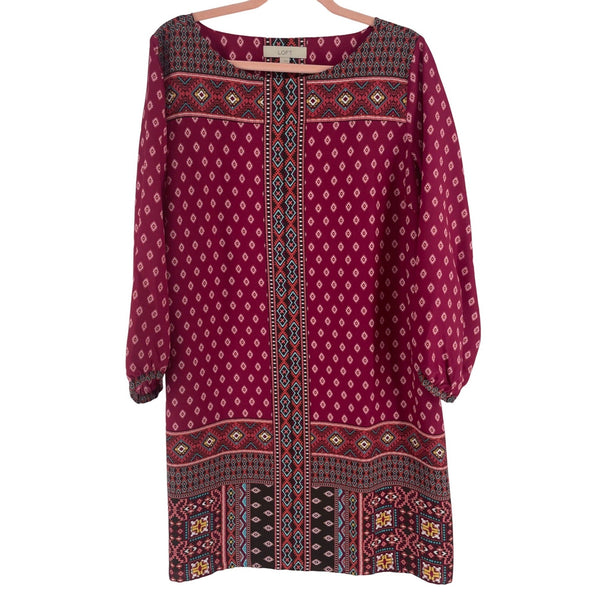 LOFT Women's Size Large Long-Sleeved Fuchsia/Multi-Colored Tribal Print Dress