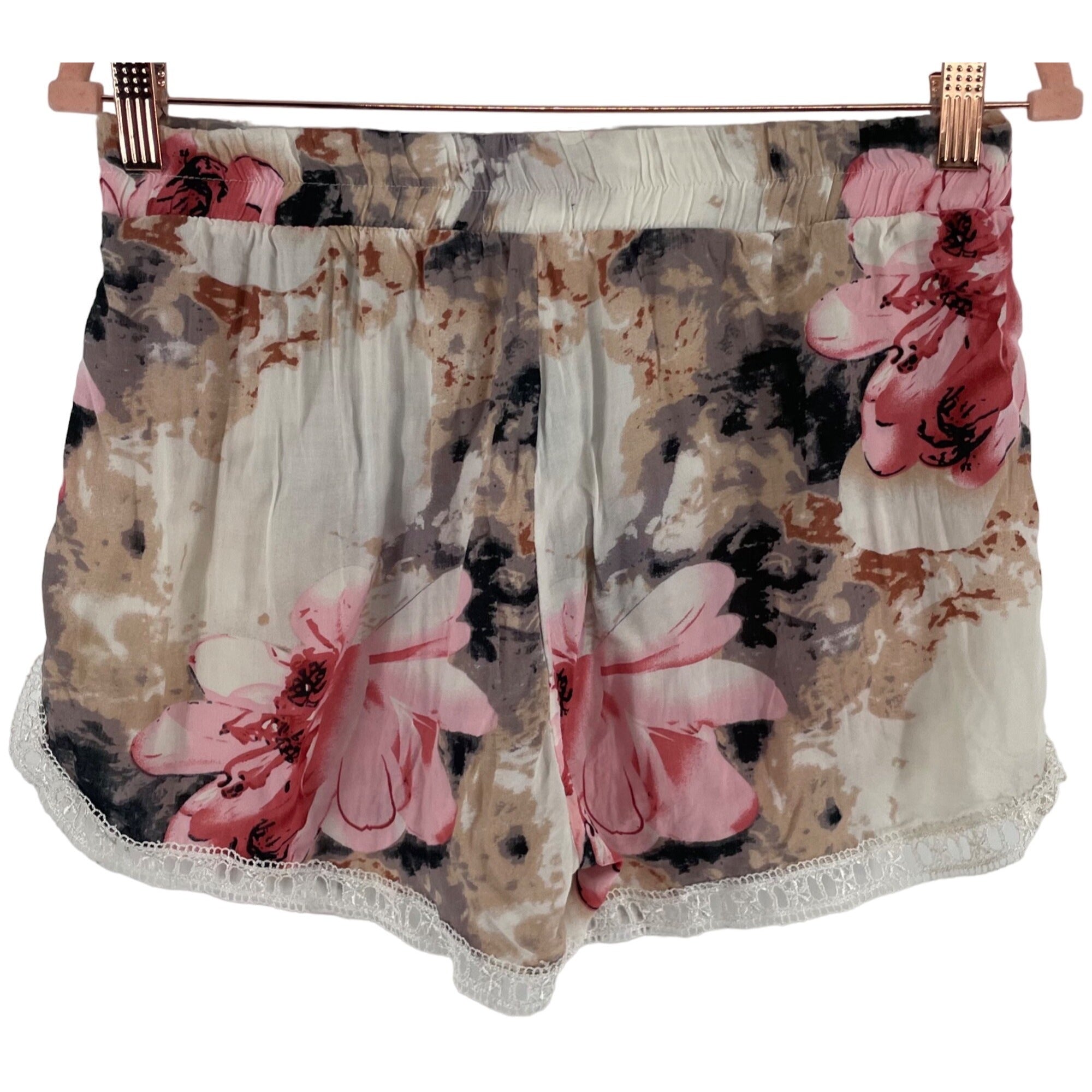 Maze Collection Women's Size XL Pink/Cream/Grey/Tan Lace Trim Floral PJ Shorts